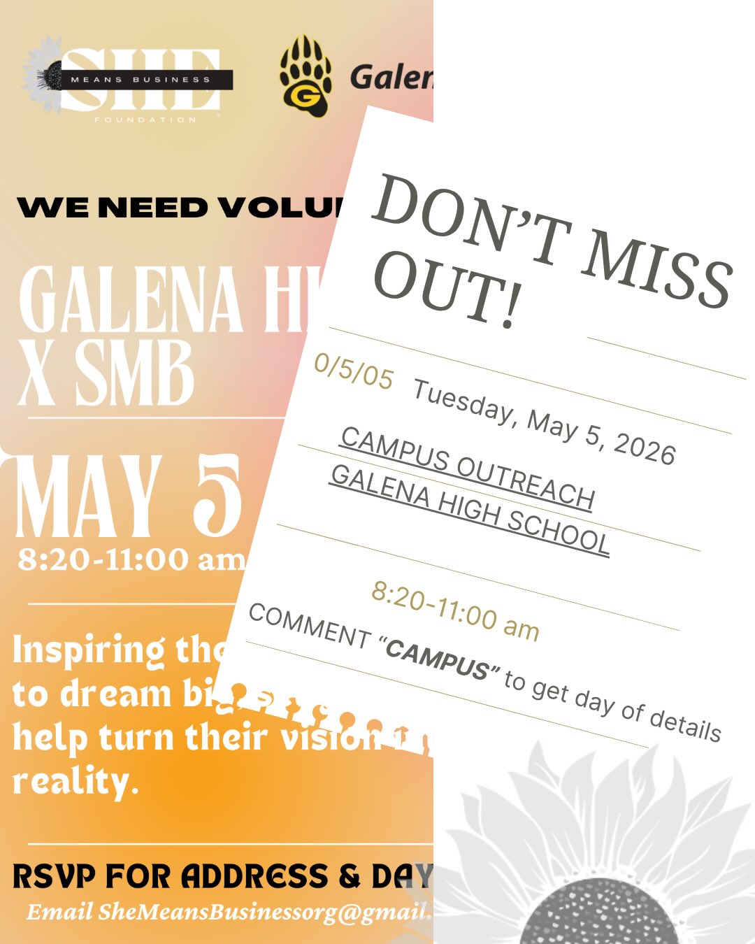 Galena High School x She Means Business
We’re heading back on campus and we need our girls in the room 💓
We’re looking for volunteers to help us show high school students how to build confidence, think bigger, and start turning their ideas into real opportunities.
May 5
8:20–11:00 AM
Galena High School
If you believe in showing up for the next generation, this is your sign to join us.
RSVP for address and day of details
Email SheMeansBusinessorg@gmail.com to volunteer or head to the (link in bio) & fill out our FORM🌻
Let’s help them dream big and actually believe they can do it ✨
#smb #campusoutreach #galenahigh