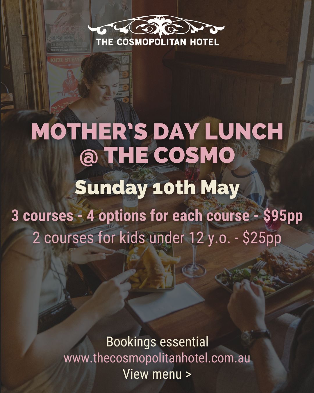 Mother's Day lunch at The Cosmo is a proper sit-down affair — three courses with four options per course, built around seasonal produce, with a two-course menu for kids under 12. It's a good excuse to bring the whole family to Trentham for the day.
Scroll to view the menu, bookings are essential. Reserve your table via our website
#mothersday #trentham #cosmotrentham #macedonranges #thecosmopolitanhotel