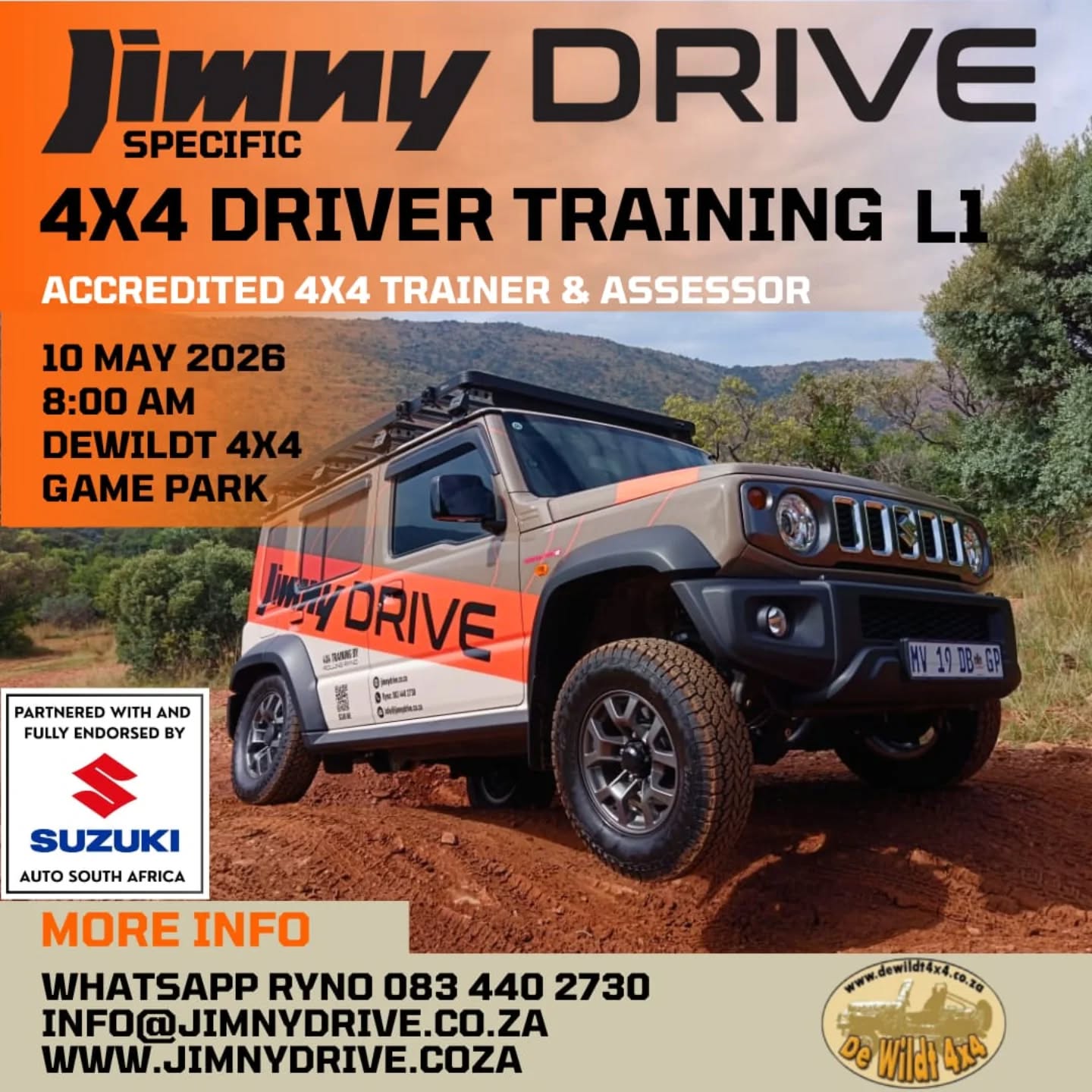 Join the JimnyDRIVE L1 4x4 Course on 10th May 26 at 📍@dewildt4x4_gamepark!
This is your chance to learn, have fun, and get the most out of your Jimny!
👇🏼😜😀
For more information, Contact Ryno via WhatsApp 083 440 2730 or info@jimnydrive.co.za
www.jimnydrive.co.za
#suzuki_za #jimny4x4 #dewildt4x4 #4x4Training