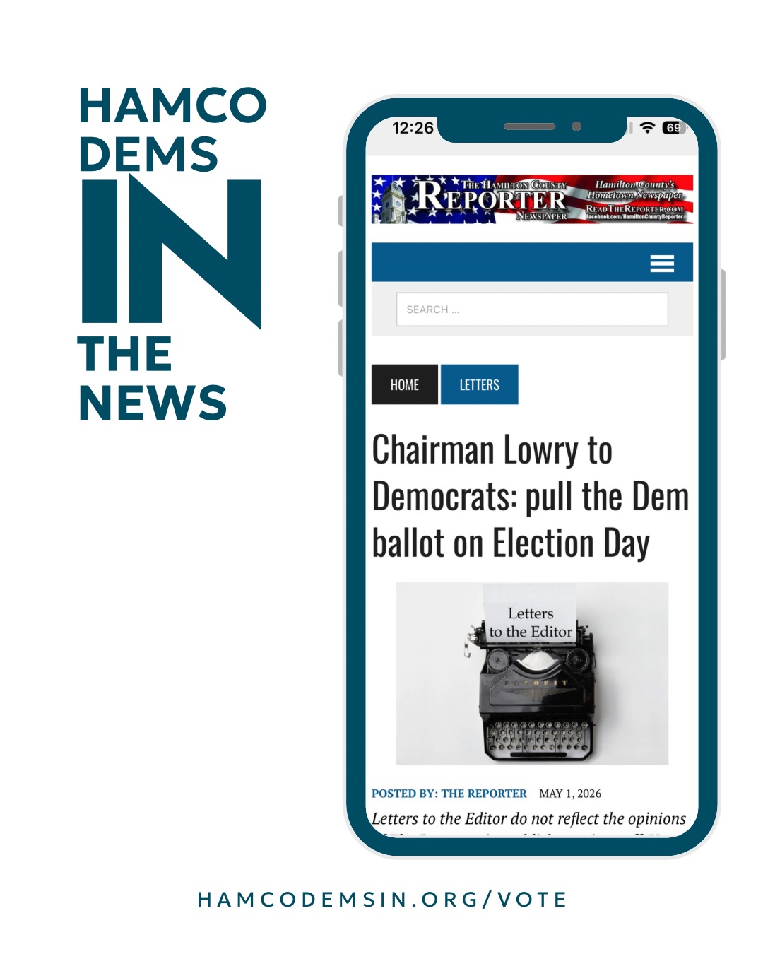 Our chair @lowryforindiana wrote a letter that was published in The Hamilton County Reporter encouraging you to Pick The Dem Ballot! Here are some highlights.