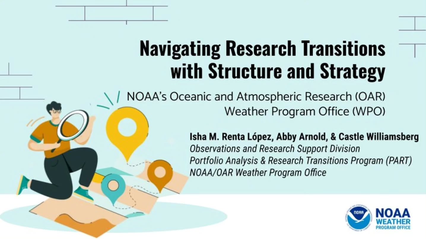After a year of being quiet, I figured it was time for a small (ok, slightly shameless 😅) share of what we’ve been working on at the NOAA's Weather Program Office.
Since 2024, I’ve had the opportunity to lead the Portfolio Analysis & Research Transitions (PART) Program. We started with one simple question: how can we better support successful research transitions across NOAA?
We began with listening sessions across WPO to understand what was working, what wasn’t, and what our programs actually needed. We were also clear that we were moving from a traditional “R2O” framing to a broader R2X approach, recognizing that research transitions don’t just go to operations, but also to applications, commercialization, and other societal uses.
Our focus has been on enabling success by:
✔️ Supporting program managers and leadership with tools, guidance, and portfolio insights
✔️ Building internal infrastructure to increase visibility of WPO-supported research
✔️ Strengthening how we plan, track, and evaluate transitions
Along the way, our team:
• Developed SPARK (public facing WPO supported projects) and REACH (public facing outputs of these projects) to support open science and public access
• Conducted 30+ interviews across OAR and NWS to understand transition pathways (R2X Efficiencies Study)
• Identified key ingredients of successful transitions, barriers, and opportunities for improvement, which we are starting to implement
• Built AI tools to reduce administrative burden and improve project tracking and readiness
We’ve also had the opportunity to share this work across the federal community, including the USGS R2O Community of Practice, AMS, and NASA Space Weather collaborations.
One thing I’ve learned is that internal reorganizations are a powerful opportunity to rethink how we do things and do them better.
I’m incredibly proud of what our small but mighty team has accomplished this past year. Huge thanks to Castle Williamsberg, Ph.D. and Abby Arnold for their dedication, creativity, and willingness to build something new from the ground up.
More to come as we continue rolling this work out in 2026.
🔗 Visit https://wpo.noaa.gov/ to learn more