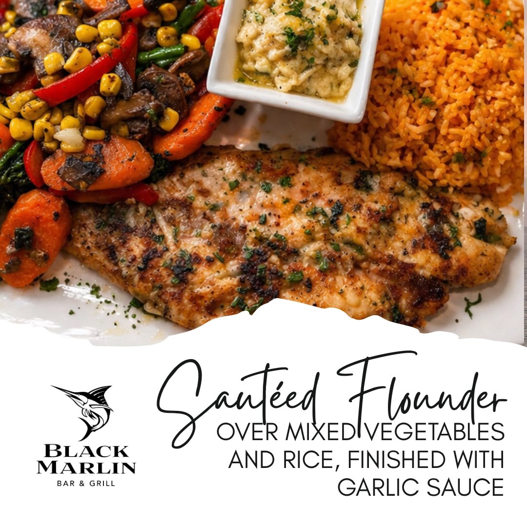 Fresh off the pan and full of flavor 🔥🐟
Sautéed flounder served over seasoned vegetables and rice, finished with a rich garlic sauce. Bold, satisfying, and done right. #BlackMarlin #DailySpecial #FreshCatch
