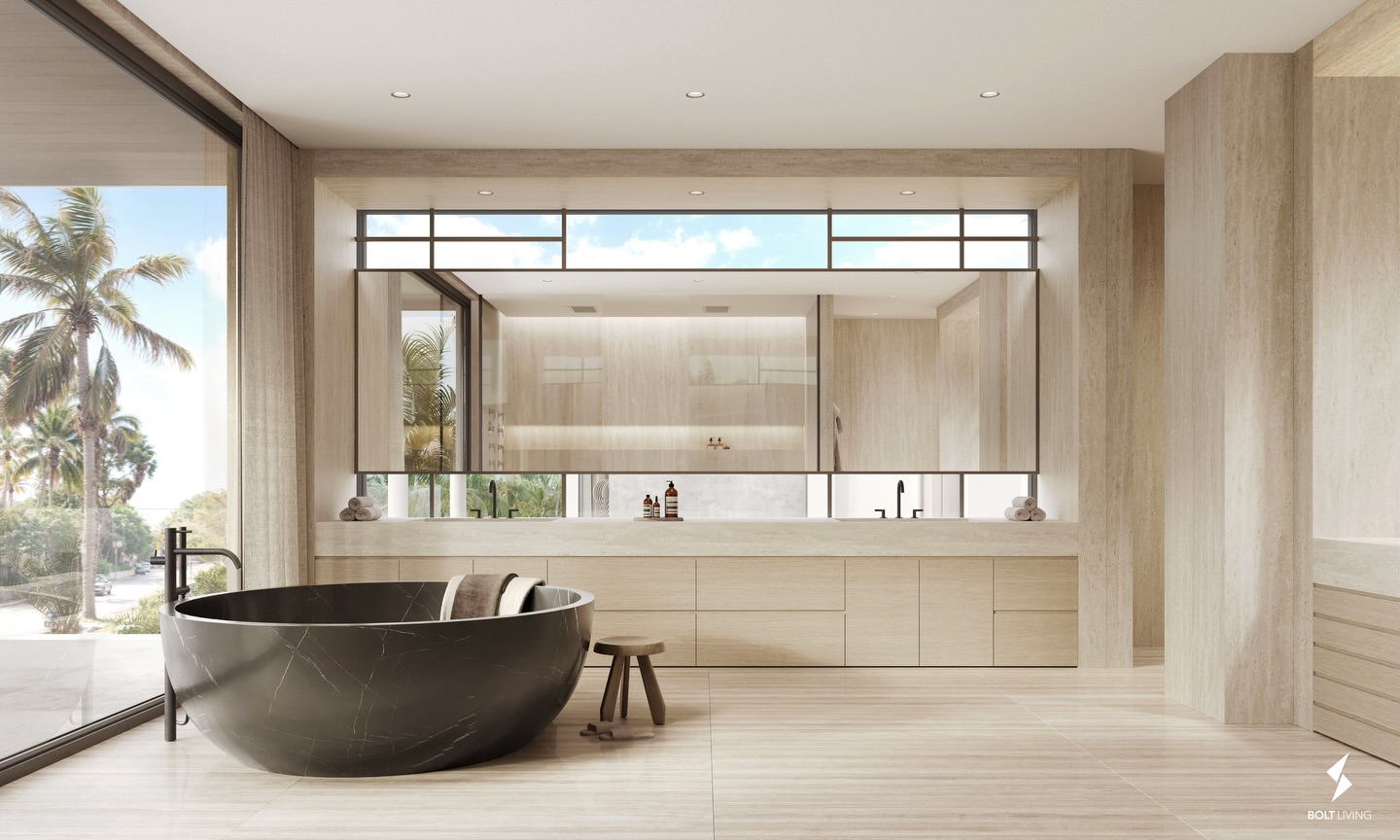 Primary bathroom in our Bay Drive spec home project ✨⚡️
We designed this space to feel like a quiet retreat, open, intentional, and easy to move through, maximizing the layout so everything has its place.
Floating mirrors extend across both the main vanity and the makeup vanity, framed within a custom metal structure that gives them bold yet weightless presence.
At the makeup vanity, this structure creates a subtle division for the WC area while maintaining an overall sense of connection.
At the main vanity, the mirror is positioned to work with the natural light from the adjacent window, capturing and amplifying it while softening privacy and reflecting the travertine throughout the space.
Natural travertine grounds the palette, while the balance of light, texture, and simplicity carries the rest of the design.
#BoltLiving #interiordesign #homedesign
#interiors #homestyle