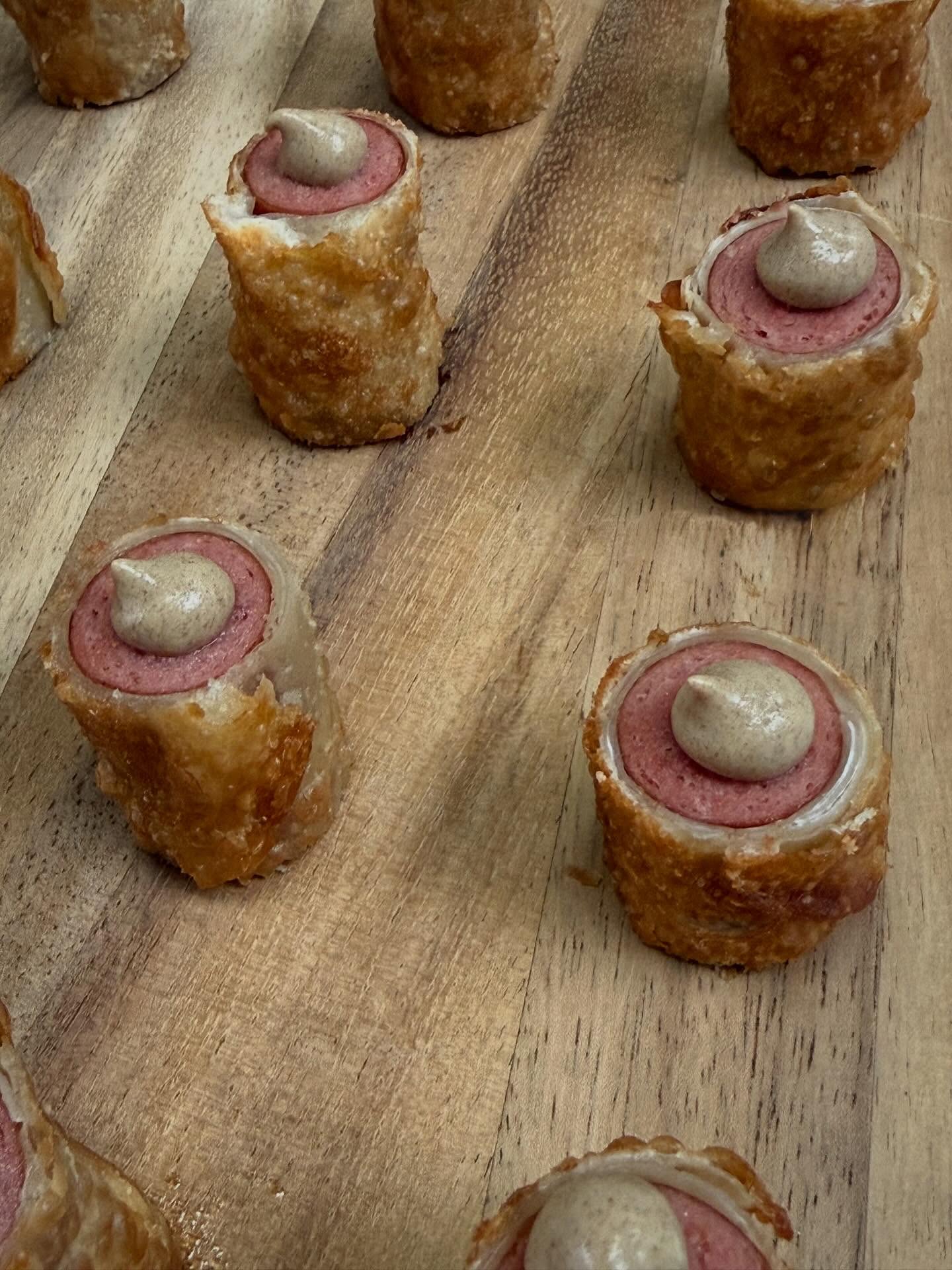 A pleasure cooking @salvationarmy_sf culinary training academy for the spring tasting. I taught my team how to roll dogs and we deviled eggs topped with swan oyster smoked salmon capers and chives too. Here’s the dawgs with a dollop of cleveland mustard.