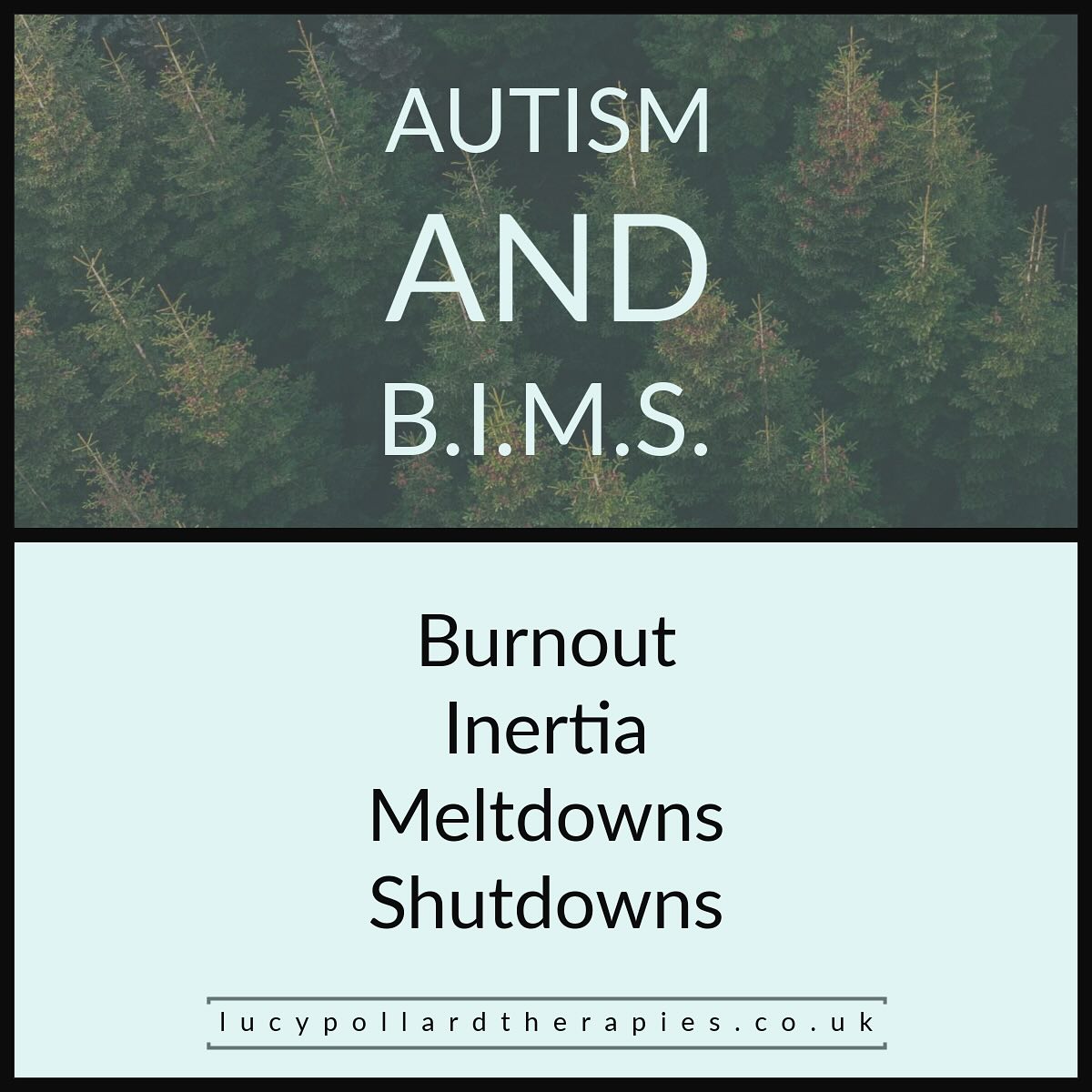 Anyone who works with or supports autistic people, please learn about B.I.M.S 🙏🏻
It stands for: burnout, inertia, meltdowns and shutdowns. It’s important to learn about because we are REALLY good at noticing meltdowns. They tend to have obvious external features, like crying, shouting, harming yourself and others. But the other three, which have a more internal presentation? We’re not so good at recognising those. And that means behaviour can be misconstrued, as laziness, rudeness or stubbornness.
Autistic children and young people describe their experiences of these states as all-encompassing, containing physical, cognitive and emotional components. This suggests that approaches to support should consider all of these elements as well…
References in the final slide and in the comments
Lucy Pollard Therapies