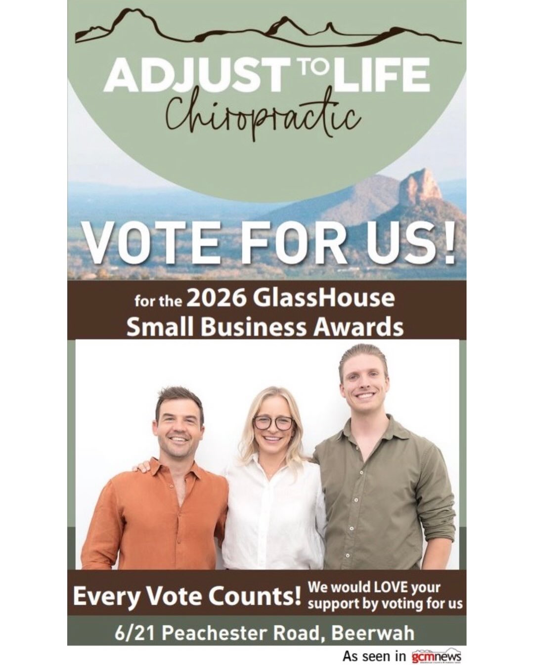 Extra, extra… read all about it! 🗞️📣
We might have mentioned this already (maybe just a few times? 😅) - we’ve been nominated for the 2026 Glasshouse Small Business Awards!
In all seriousness though, this is such an incredible honour. Being recognised as a small, family-owned business making a difference in our local community means the world to us. It’s a HUGE win for our team and a HUGE win for chiropractic too!
We’ve even got a little feature in this month’s edition of @GlasshouseCountryNews.
If we’ve ever helped you - or someone you love - we’d be so grateful for your vote. Votes close this Sunday, 3rd May.
Then it’s off to the Glassies Gala at the end of May… Wish us luck!
Vote link in bio
