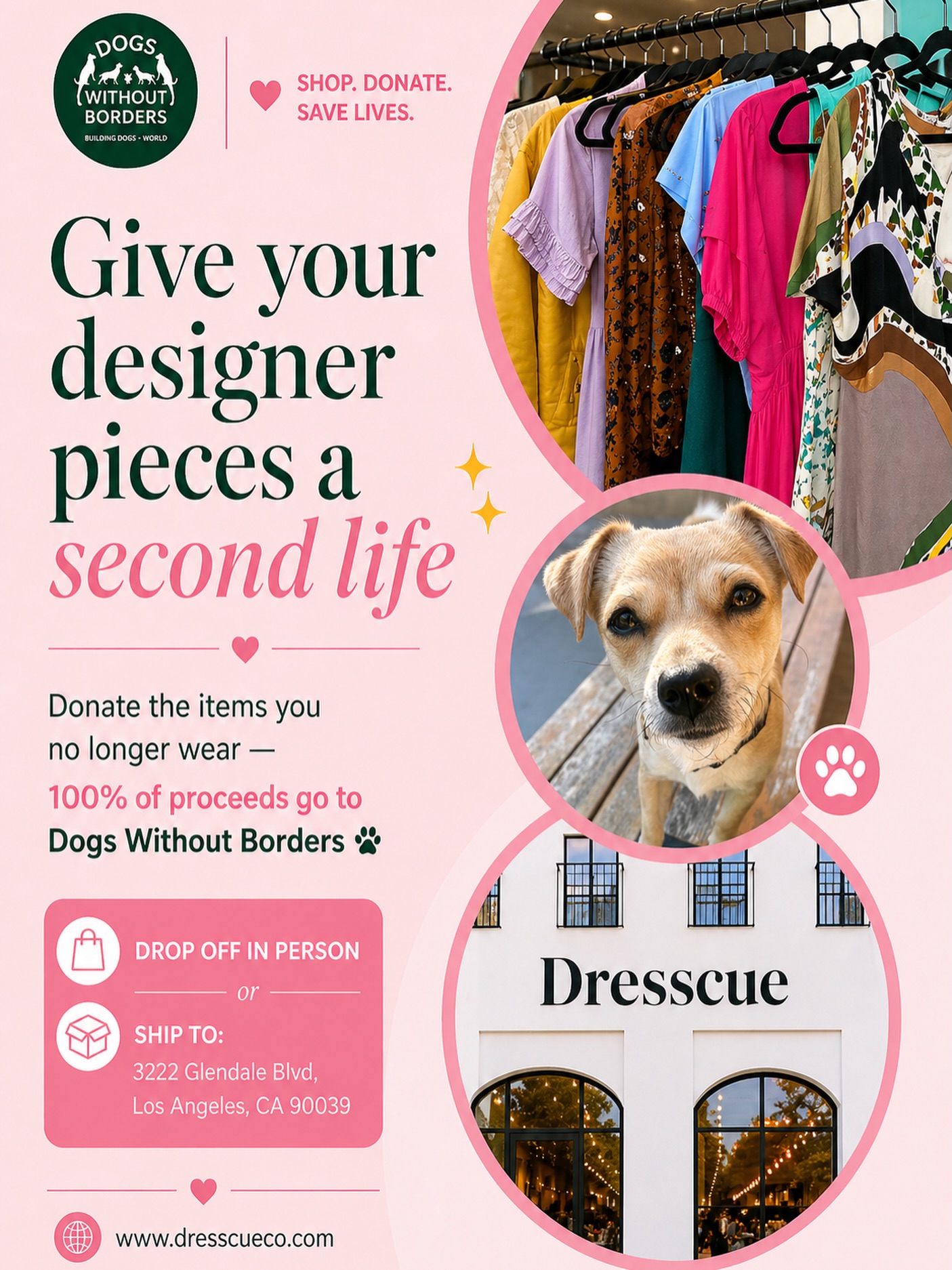 Give your designer pieces a second life 🤍
And turn them into second chances for dogs in need 🐶
Donate what you no longer wear —
100% of proceeds (after processing fees) go to Dogs Without Borders”
Drop off or ship to:
📍 3222 Glendale Blvd, Los Angeles
#dresscue #dresscuegoesrescue #dogswithoutborders
#secondchances #designerclothes