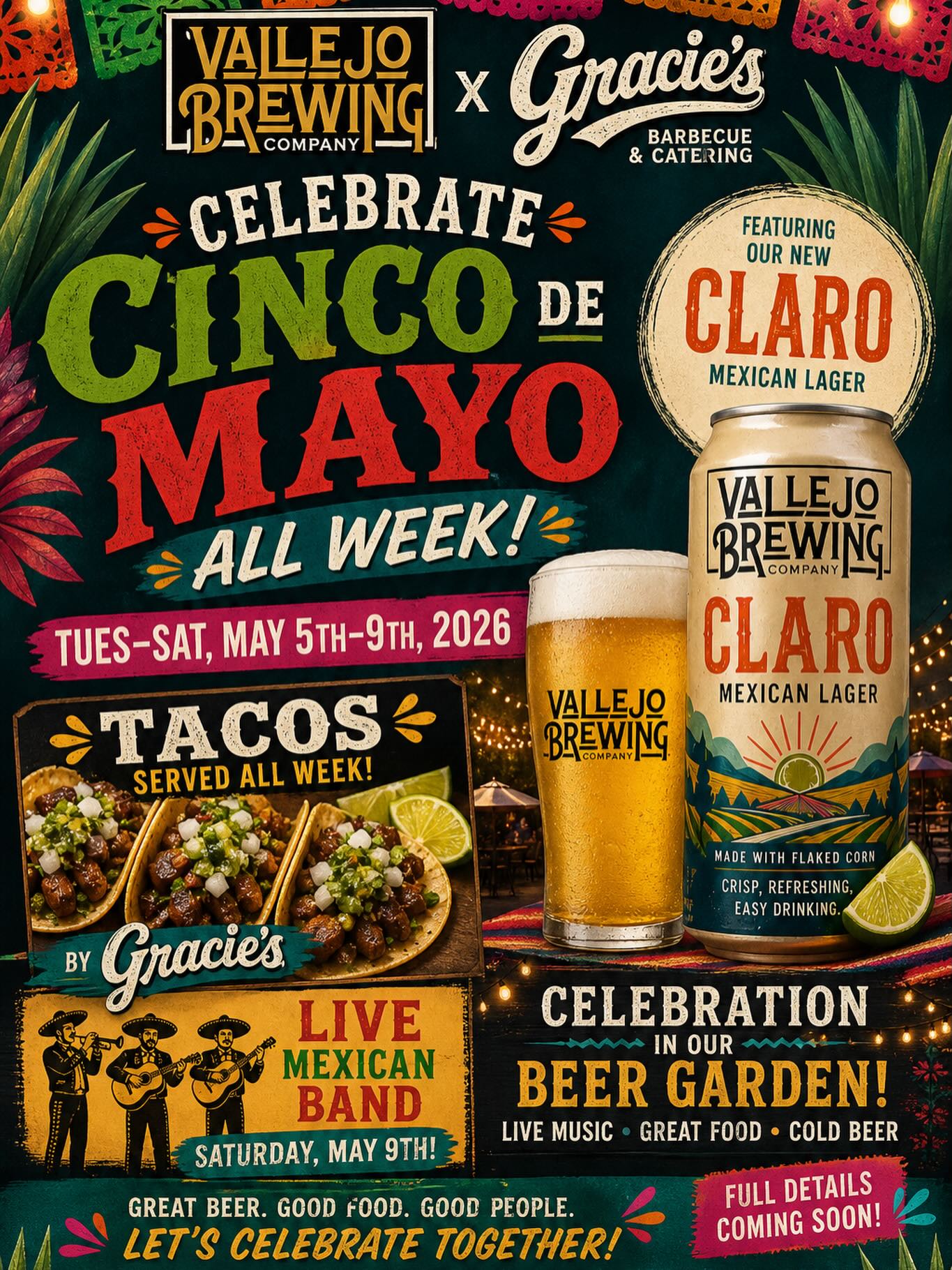 Cinco de Mayo celebration ā extended. š²š½
Join us May 5ā9 for tacos served daily from Gracieās, fresh beer from Vallejo Brewing, and a live Mexican band on Saturday.
Good food, cold drinks, and a full week of reasons to stop by.