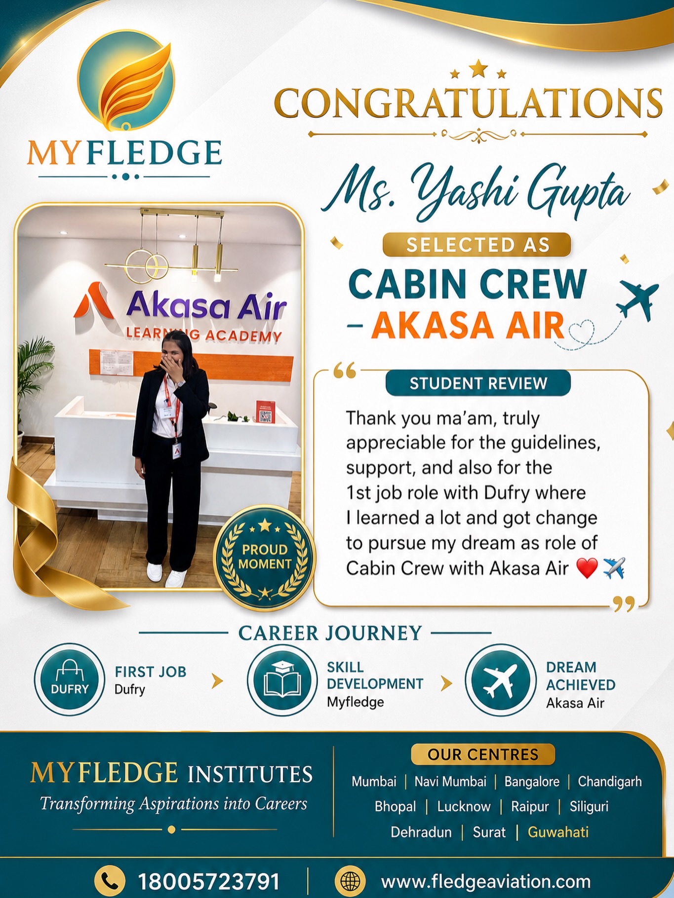 Heartiest Congratulations dear Yashi Gupta for your selection in Akash Air as Cabin crew.
After graduating from Myfledge Lucknow Institute, Yashi joined Dufry International at Bangalore Airport. Her dedication and respectful behaviour was exemplified.
#myfledge #lucknow #cabincrew #airhostesslife✈️