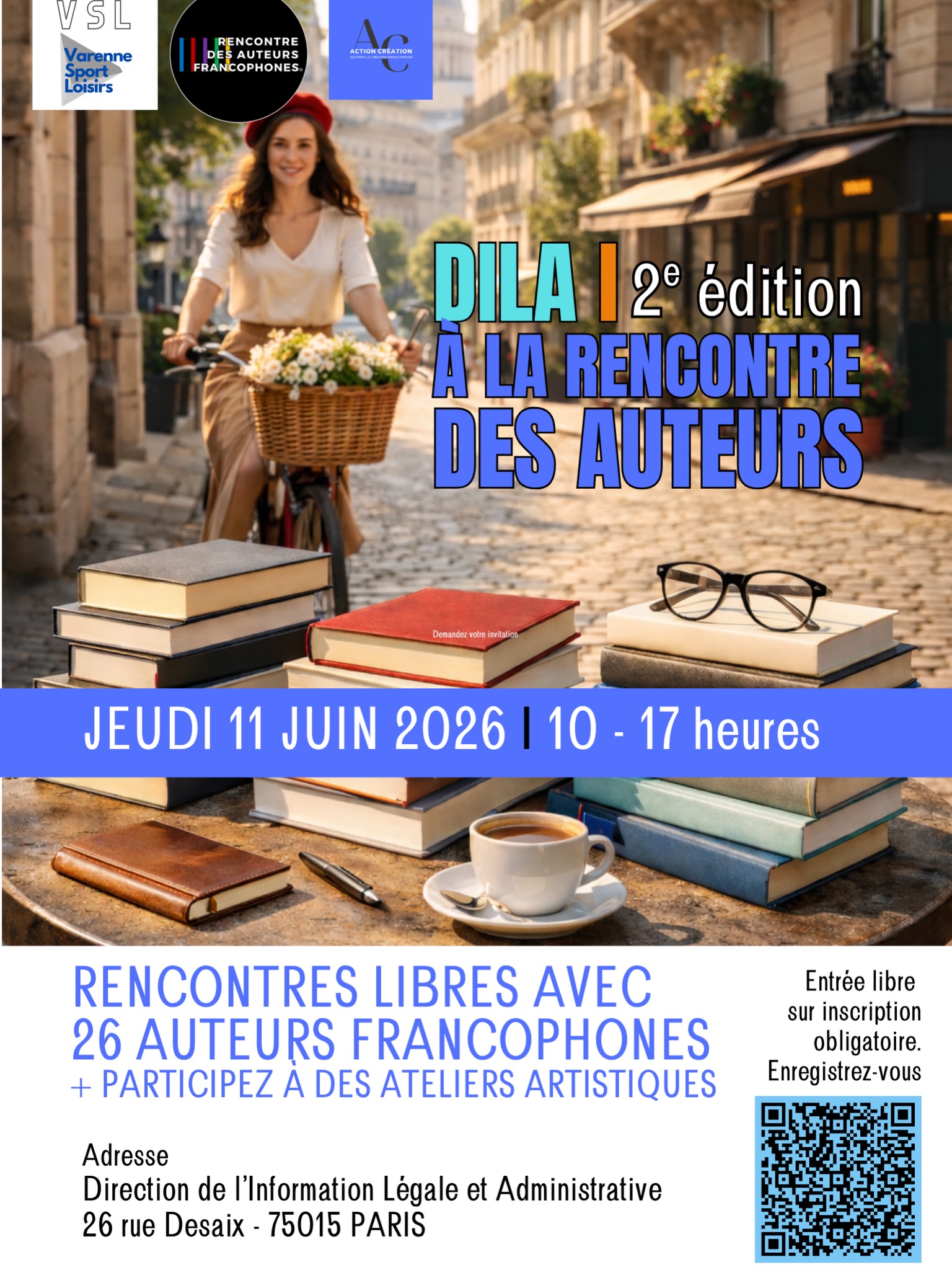 Ouvrez le lien du QRCode pour vous inscrire !
11 juin I Une expérience littéraire au cœur d’un lieu parisien habituellement inaccessible
Le 11 juin, nous avons le plaisir de vous inviter à la 2ᵉ édition de la Rencontre des Auteurs Francophones au sein de la DILA (Direction de l’information légale et administrative).
La DILA, c’est ce service du Premier ministre qui édite notamment toutes les publications officielles, dont le célèbre Journal Officiel que chacun connaît.
Dès l’entrée du bâtiment, vous découvrirez d’ailleurs l’une des premières machines ayant servi à son impression — un véritable témoin de notre histoire administrative.
Cet événement, initialement conçu pour les équipes travaillant au sein de ce lieu institutionnel, est exceptionnellement ouvert au grand public, sur inscription obligatoire.
Nous vous proposons une expérience passionnante :
– la rencontre avec 26 auteurs francophones venus de plusieurs pays du monde
– des échanges privilégiés autour de leurs ouvrages et de leurs parcours
– un moment de création avec un atelier d’aquarelle animé par l’artiste Sandra Encaoua Berrih, qui signe notamment les couvertures des livres hommages de notre maison d’édition
– et la découverte d’un lieu unique, habituellement fermé au public
C’est une occasion rare de croiser littérature, création artistique et patrimoine institutionnel dans un même temps fort.
INFOS ET INSCRIPTIONS dans l’INFOLETTRE DU JOUR
https://rencontredesauteursfrancophones.com/so/bcPu23Vmf?languageTag=fr&cid=8a870d13-b5a9-4073-9472-32e38a9a4f25
