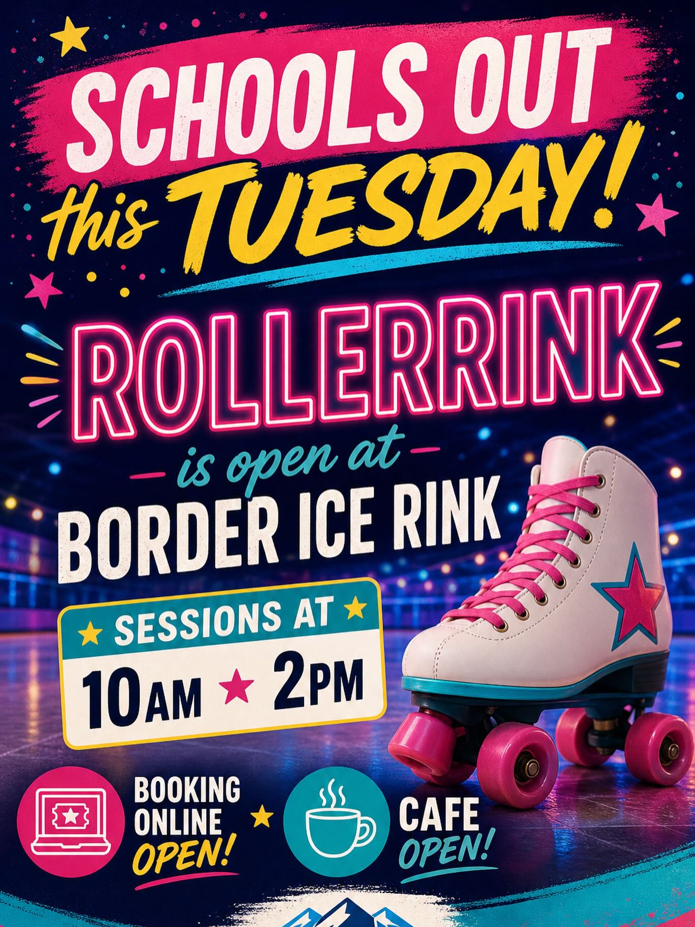 🎉 Schools Out This Tuesday! 🎉
Get ready to roll 🛼 — the roller rink is OPEN at Border Ice Rink!
🕙 Sessions at 10AM & 2PM
🎟️ Booking online now open
☕ Café open for snacks & drinks
Bring your friends, your energy, and let’s make it a fun day on wheels!