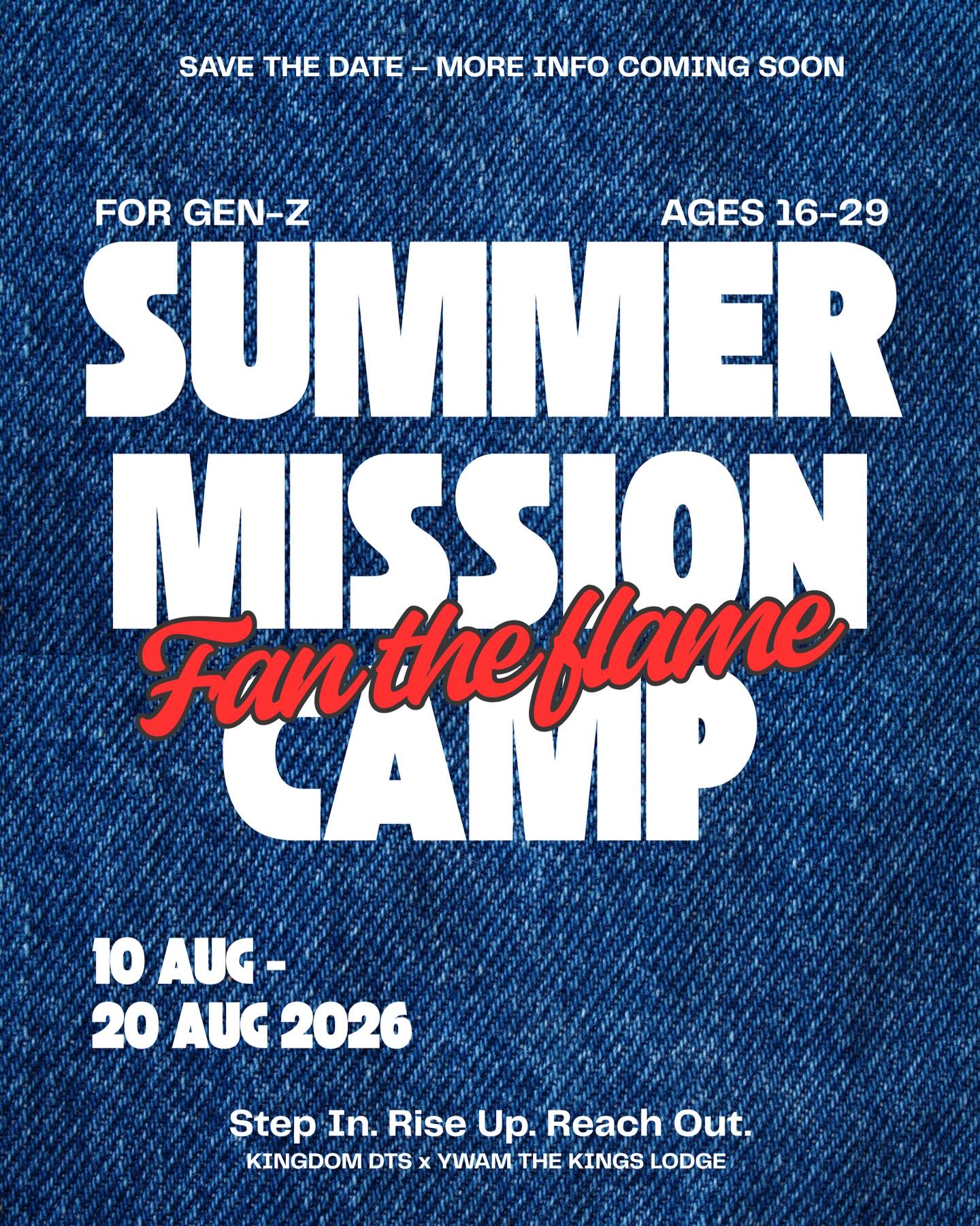 SAVE THE DATE!!! 📆
August 10–20 SUMMER MISSION CAMP «FAN THE FLAME» for Gen-Z!
Here’s your chance to experience a little bit of YWAM and what a DTS (Discipleship Training School) is like! 10-days of being equipped, growing in your relationship with God, making friends, and having a fun time in England!
It’s going to be fire! 🔥
Applications will open soon!