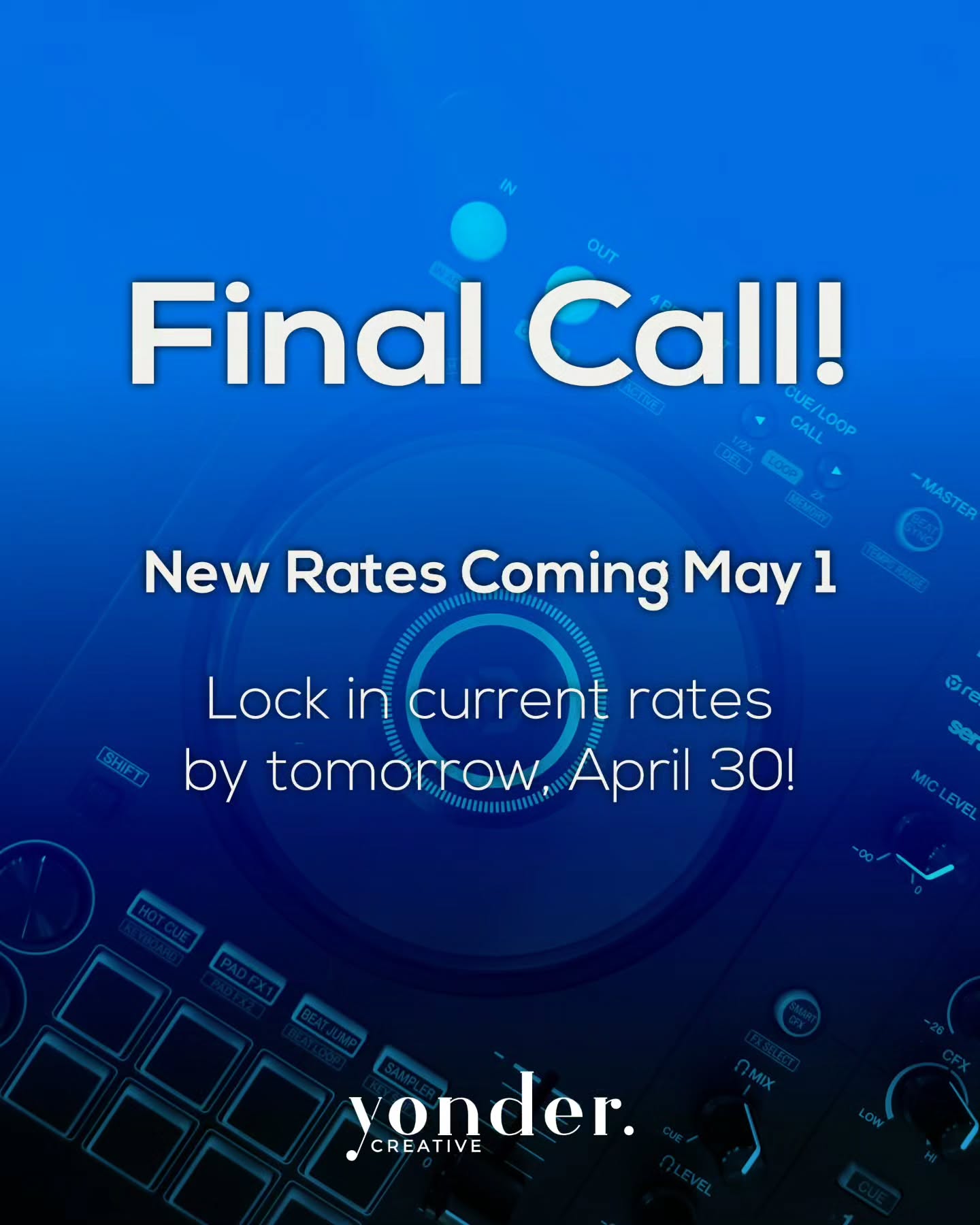 🚨 FINAL CALL!! 🚨
Custom mix rates increase in 2 days. If you've been on the fence, this is your sign to book now and lock in current pricing before May 1st.
Don't wait! DM me or hit the link in bio to get started.
#YonderCreative #CustomMix #DanceTeamMix #DanceTeam #BookNow