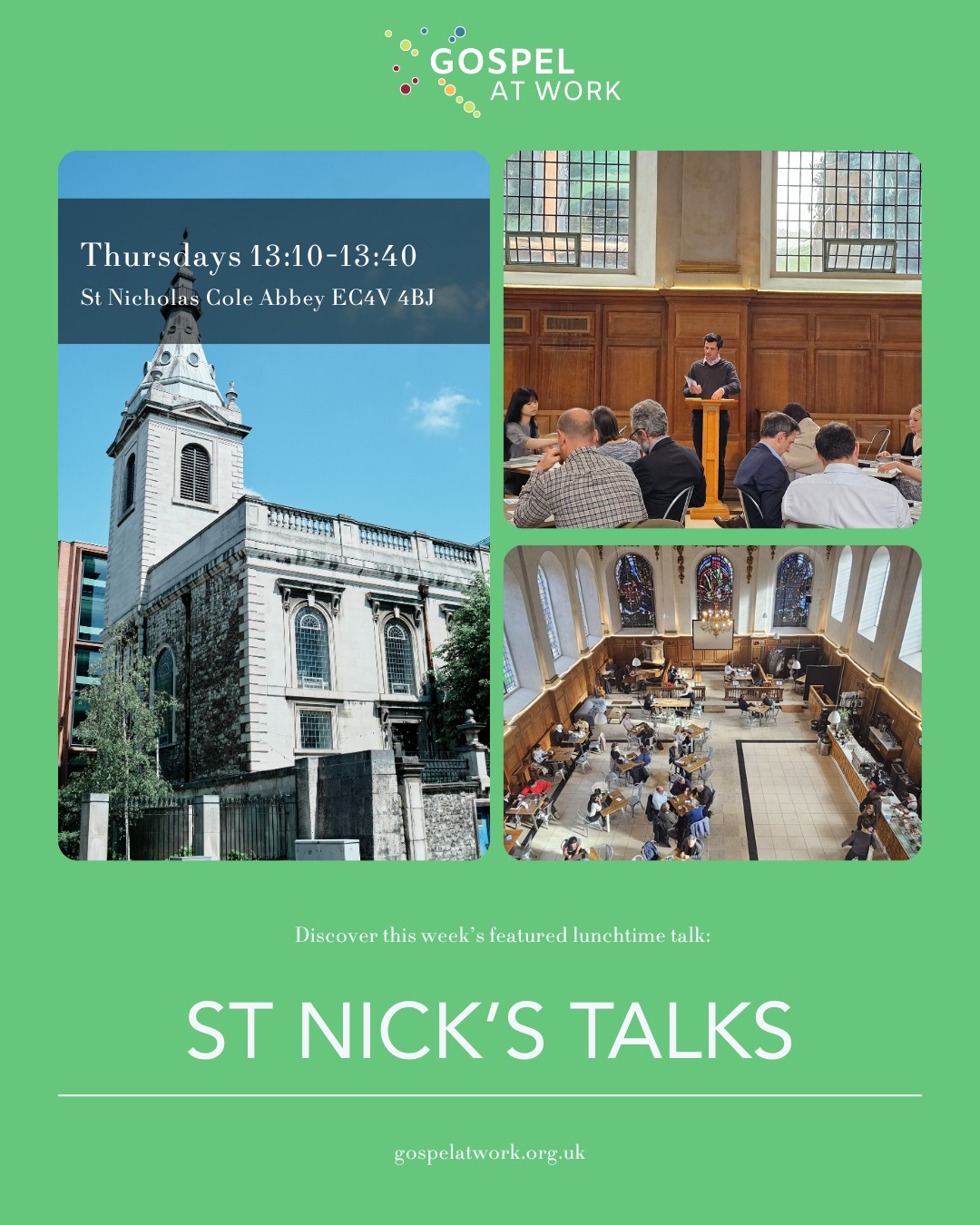 St Nick's Talks... this week's featured lunchtime talk.
The St Nick’s Talks are weekly lunchtime Bible talks that seek to make the good news of Jesus known in the Square Mile. Whether you’re a sceptic, enquirer or a Christian believer – we’d love for you to join us.
🚆 Nearest stations are Mansion House, Blackfriars, St Paul’s, City Thameslink and Bank.
Here’s what’s on the next couple of weeks:
- 7 May: Ephesians 6, the right side of history
- 14 May: Hebrews 4, our great salvation
- 19 May: Can science point to God? evening event with Prof Richard Buggs https://stnicks.churchsuite.com/events/jarptii2
- 21 May: Hebrews 5, our great salvation
⌚ Thursdays 13:10-13:40 (sandwich lunch available from 13:00)
📍St Nicholas Cole Abbey EC4V 4BJ
✉️ snt@snca.co.uk
🙏 Mondays 13:10-13:50, Tuesdays 08:00-08:45
🛜 stnickstalks.org
#gospelatwork #lunchbreak #christianity #london