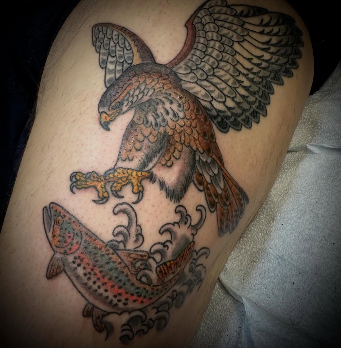Hawk and Trout by Damara. Done in 2 sittings #delcotattoo #delcobirders #delcopa