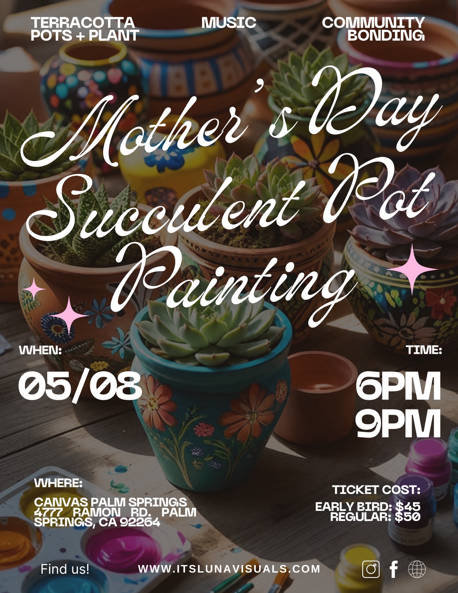 Sorry I’ve been a little m.i.a…. But we are SO BACK
✨MAY EVENTS ARE HERE ✨
We’ve got something for EVERY vibe this month at @thecanvas.ps 🫶🏼
💐 Mother’s Day Succulent Pot Painting: 05/08 | 6PM–9PM
Paint your own terracotta pot + take home a real succulent 🌱
Early Bird: $45 (48 hours only) | Regular: $50
💖 Craft & Yap Workshop: 05/31 | 1PM–3:30PM
Good crafts. Good vibes. Good company ☕✨ With a special guest @haystack.coffee! Serving a limited edition Red Velvet Latte available ONLY this day 🫣
🧸 Build Your Own Stuffie: 05/16 | 1PM–3PM
Create your own plush bestie from start to finish 💛
Perfect for all ages
🧢 Patch Bar: Trucker Hat Workshop: 05/16 | 5PM–7PM
Design it. Patch it. Wear it 🔥
Includes patches, charms, chains + more
🌈 Glow Up Paint Night: 05/23 | 6PM–9PM | MUST BE 21+
Black lights. Music. Paint. Vibes ALL night 💫
Pre-sketched canvases + snack & drink bar available
📓 Junk Journal Workshop: Every Wednesday | 6PM–8PM. Cut. Paste. Create. Express yourself 💕
🎟️ ALL EVENTS HAVE LIMITED SEATING
Ticket link: www.Itslunavisuals.com
See you all very soon 🫶🏼✨