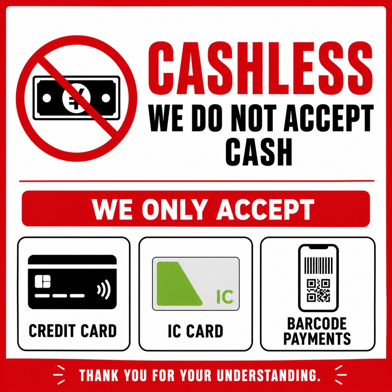 Hey there! From now on we’re a 💸CASHLESS💸 shop
We happily accept credit card, IC card, and barcode payments.
Available payment methods:
Credit Cards: JCB, VISA, Mastercard, American Express, Diners Club, Discover 💳
Contactless Payments: Tap-to-pay via smartphone and smartwatch (Apple Pay, Google Pay, etc.) 📱⌚️
QR & Mobile Pay: WeChat Pay, UnionPay, Alipay+, PayPay
Thank you for understanding!
#cashless #menbakafireramen #kyotoramen #fireramen