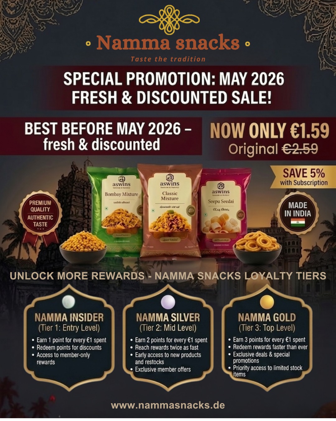 ⚠️ LIMITED STOCK ALERT!
Your favorite snacks are now at a special price – only €1.59 😍
🔥 Bombay Mixture
🔥 Classic Mixture
🔥 Seepu Seedai
⏳ Short expiry (Best before May 2026) → priced to clear FAST
👉 Don’t miss this chance to stock up your favorites
💡 Make it even better:
✅ Subscribe & save 5% on every order
🎯 Earn rewards with Namma Rewards
🥈 Silver & 🥇 Gold members earn points faster
🚀 Hurry! Limited packs only
🛒 Shop now: www.nammasnacks.de
#NammaSnacks #IndianSnacks #SnackLovers #SouthIndianSnacks #LimitedStock #SaleAlert #FoodDeals #SnackTime #IndianFoodGermany #DesiSnacks #Murukku #Mixture #Seedai #DiscountDeal #shopnowonline🛍️