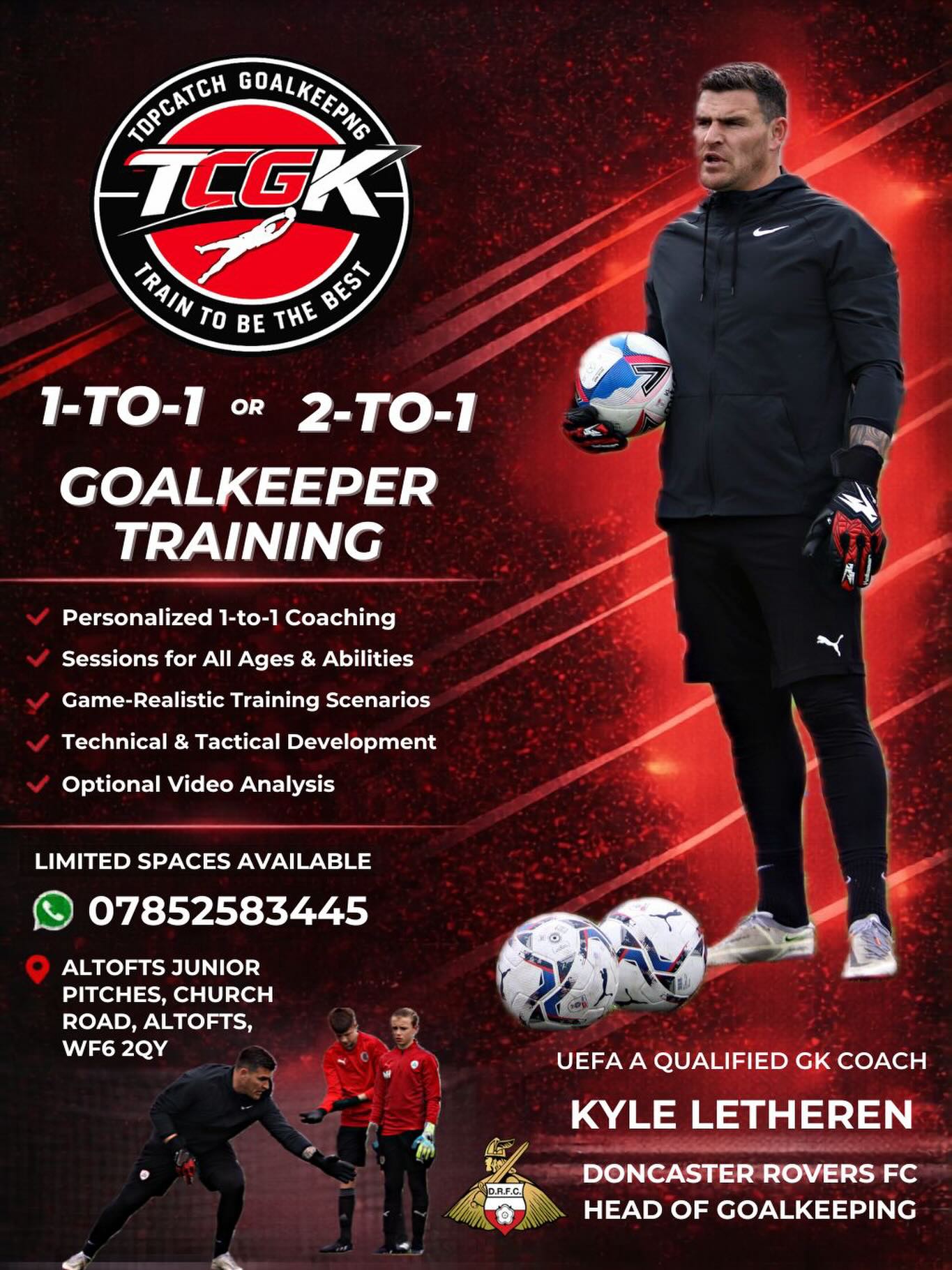 JUNE
1-2-1 or 2-2-1 GK Sessions
Wednesday 3rd 5-6pm 6-7pm โโ
Thursday 4th 5-6pm. โ
Friday 5th 5-6pm 6-7pm โโ
Wednesday 10th 5-6pm/ 6-7pm โโ
Thursday 11th 5-6pm โ
Saturday 13th 9-10am- 10-11amโโ
Wednesday 17th 5-6pm 6-7pm โโ
Thursday 18th 5-6pm โ
Friday 19th 5-6pm 6-7pm โโ
Be Quick first come first serve
๐ง๐ฑโฌ๏ธ
โ Sold
โ
Available