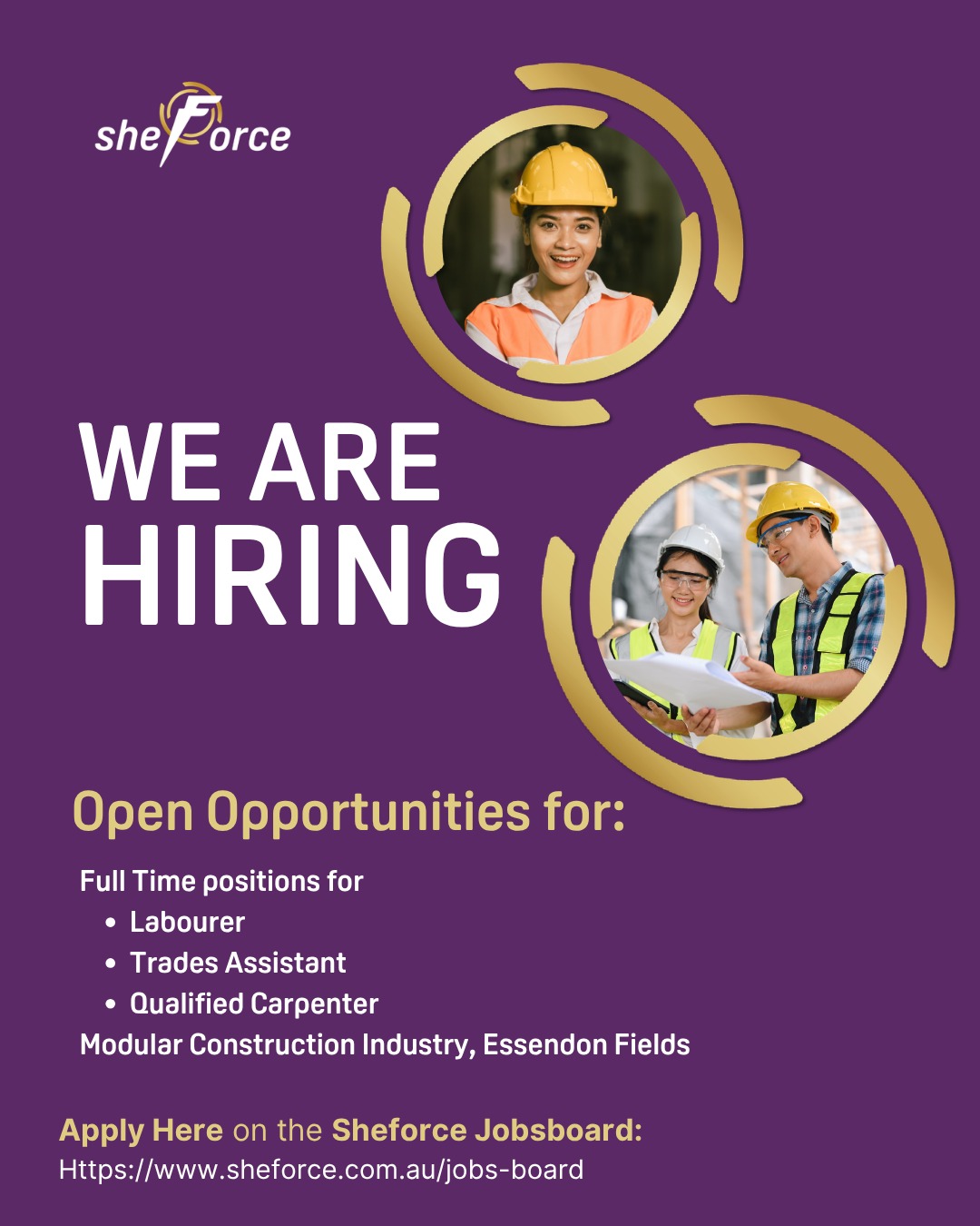 We’re recruiting full-time Labourers, Trades Assistant and Qualified Carpenter for our employer in Essendon Fields who works in modular construction industry..
We’re seeking candidates with experience, a driver’s licence, reliable car, and a positive, willing to learn attitude.
If you’re ready to go, we’d love to hear from you.
Build your future with Sheforce!
#sheforce
#constructioncareers #qualifiedcarpenter #experiencedlabourer #tradesassistant #constructionjobs