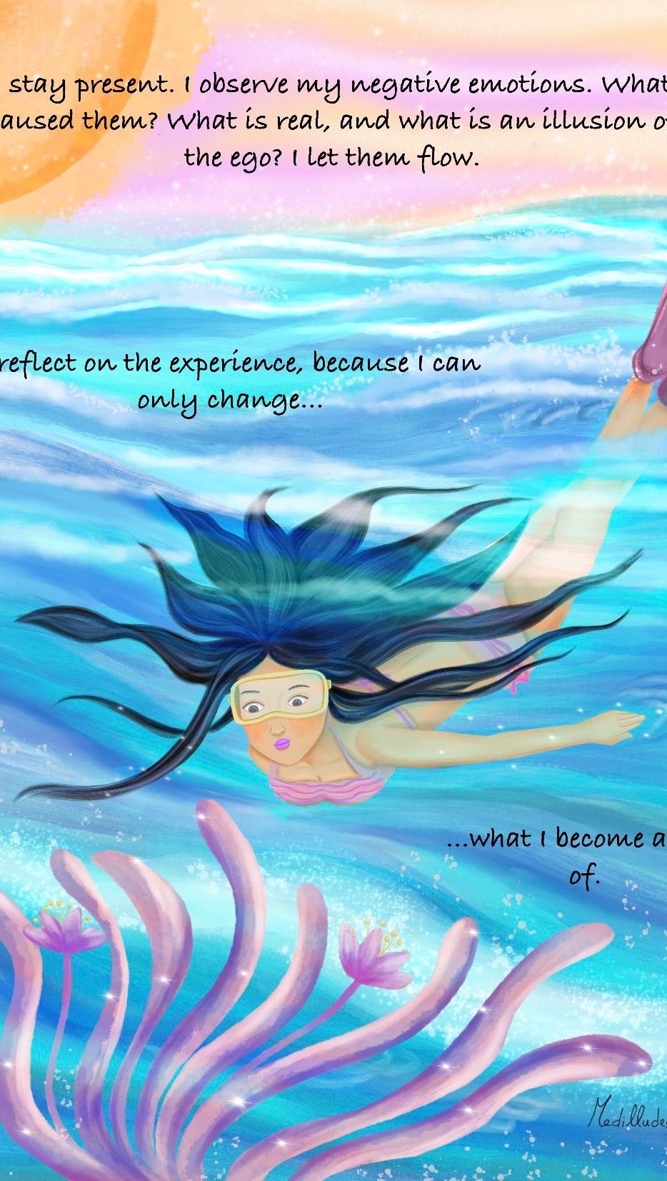 ✨Expanded Awareness series ✨— a visual journey inward
This series is inspired by real experiences of inner expansion, translated into different characters and forms.
In this illustration, the dive beneath the surface represents the moment we stay present with our emotions, without becoming them.
What caused them?
What is real, and what is shaped by the ego?
Instead of resisting or engaging, we observe them and we let them flow.
Only by becoming aware of what we feel,
can transformation begin.
Awareness is not control —
it is presence, observation, and space. ✨
#expandedawareness
#mindfulart
#emotionalawareness
#innerjourney
#healingart