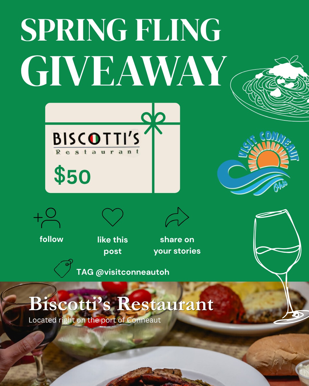 🌹SPRING FLING GIVEAWAY🌹
✨You could win a $50 Gift Card to Biscotti's Restaurant!✨
Biscotti's is a locally owned restaurant serving American Italian cuisine located in beautiful northeast Ohio right on the port of Conneaut. They have been serving our loyal customers since 1999, offering classic favorites such as homemade Spaghetti and Meatballs and Chicken Piccata alongside delicious nightly features. Enjoy the cozy atmosphere and delicious menu!
📍186 Park Ave, Conneaut, OH 44030
HOW TO ENTER ✨
1️⃣ LIKE this post
2️⃣ FOLLOW @biscottisrestaurantohio and @visitconneautoh
3️⃣ SHARE this post to stories + TAG VisitConneautOhio
IMPORTANT INFORMATION ✨
• Must be 21 years of age or older to enter
• Giveaway period ends Tuesday, May 5th 2026 at 11:59 PM EST
• Winner will be announced here and be contacted via direct message from this @visitconneautoh account only
• Note: We will never ask for personal or financial information. Be diligent and protect yourself from scams!
• This giveaway is not sponsored, endorsed, administered by, or affiliated with Meta, Facebook, or Instagram
Brought to you by the Conneaut Visitors Bureau @visitconneautoh
⭐Good luck!⭐
#visitconneaut #conneautohio #biscottisrestaurant #giveaway