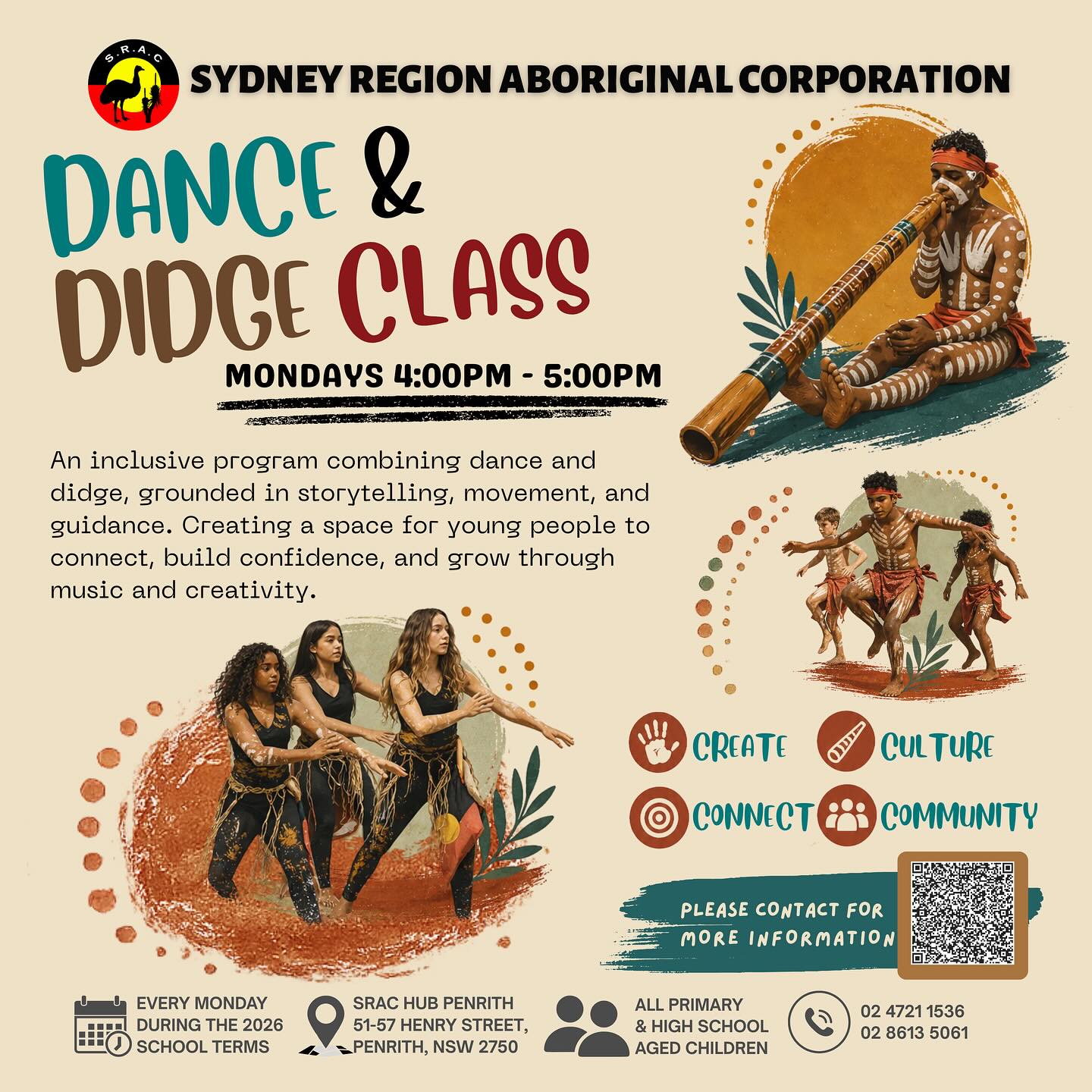 CALLING ALL INDIGENOUS PRIMARY & HIGH SCHOOL STUDENTS๐ฃ
Come and join us for a Dance & Didge class - celebrating culture through movement and music ๐ฅ
Every Monday during school term at SRAC - Penrith