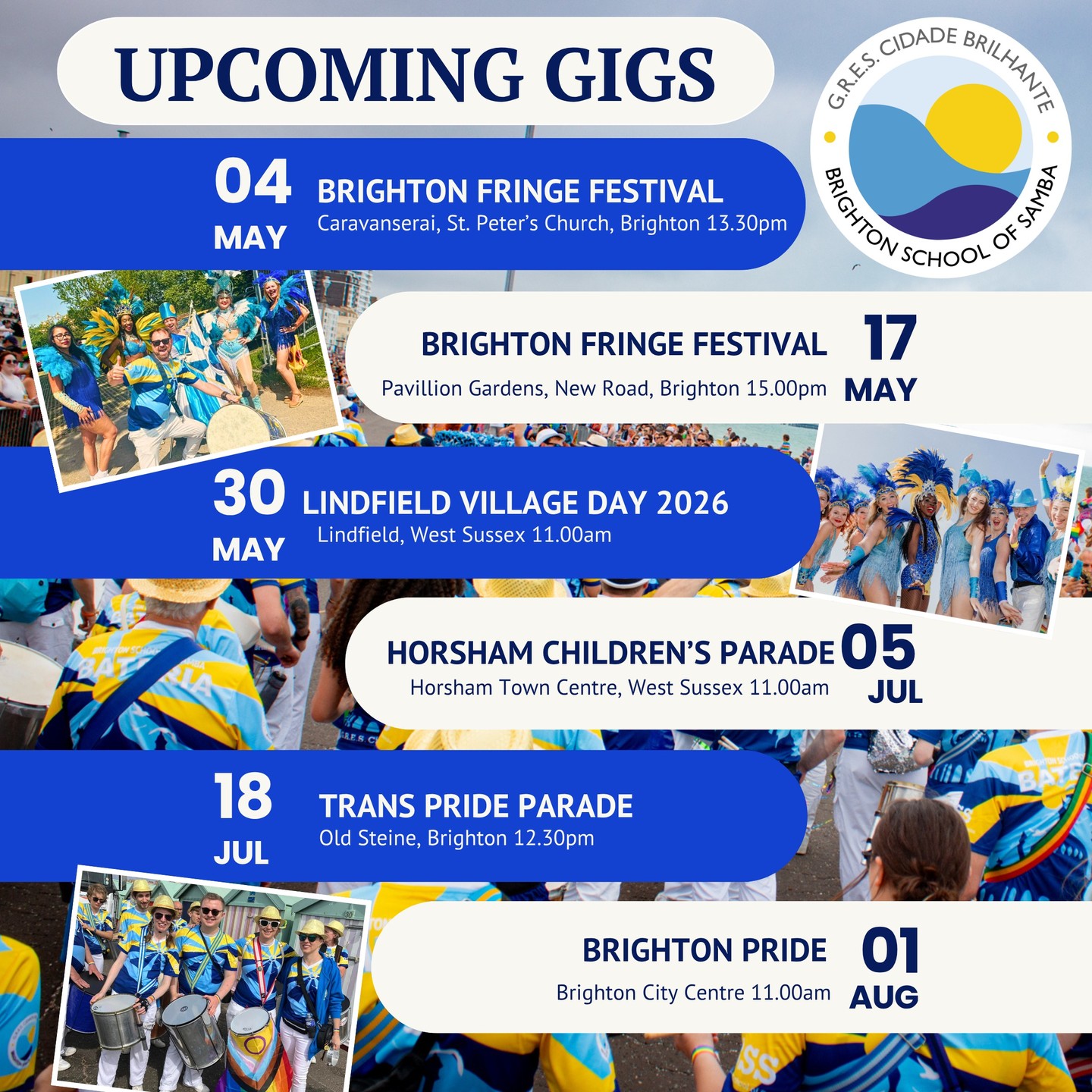 Gigs, sunshine, and plenty of samba 🥁☀️ We’ve got a great run of gigs coming up and we’d love to see some friendly faces in the crowd. Expect big rhythms, dancing, and plenty of energy. Come find us and soak it up!
#BrightonEvents #WhatsOnBrighton #LiveMusicBrighton #BrightonUK #BrightonCommunity #SambaEnredo #BateriaLife #SambaNoPe #CommunityMusic #BrazilianRhythms #whatsonsussex #sambadrumming #findyourpeople #baterialife #batucadasamba #sambaenredo