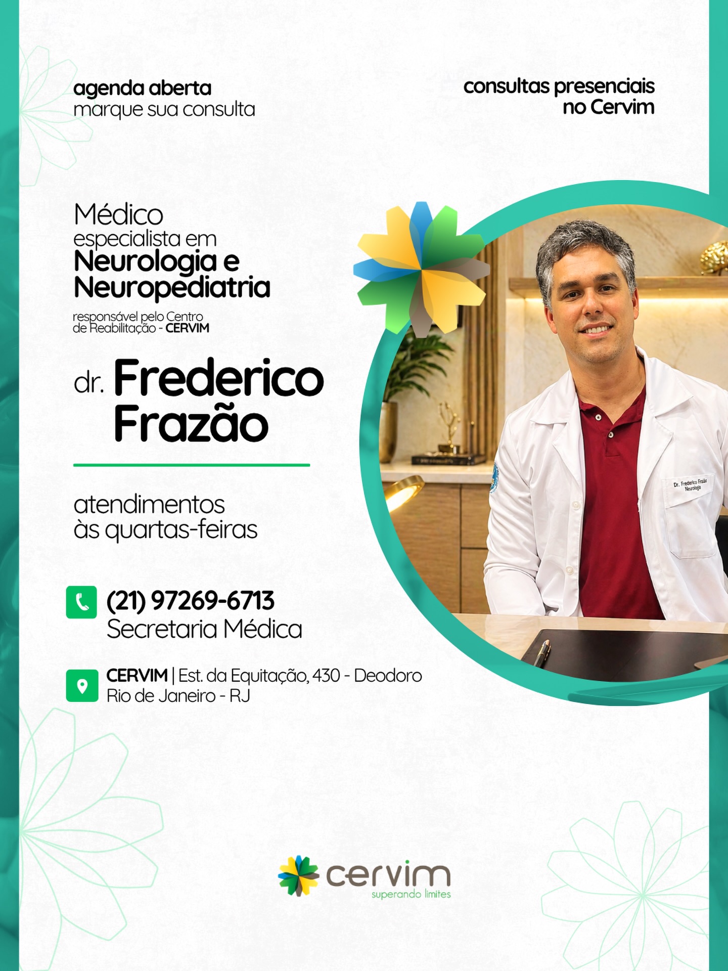 Cuidado neurológico com experiência, precisão e olhar humano. 🧠
O Dr. Frederico Frazão é médico responsável pelo CERVIM/RJ, com pós-graduação em Neurologia pela PUC-Rio e em Neuropediatria pela FG-MED. Atua como membro da Sociedade Brasileira de Neurologia e vice-coordenador do Diretório de Distúrbios do Movimento da ABN-RJ, com forte atuação clínica em avaliação e condução de casos neurológicos complexos.
As consultas acontecem todas as quartas-feiras à tarde, exclusivamente com agendamento prévio.
Valor da consulta:
R$ 300,00 para pacientes acompanhados pelo CERVIM
R$ 350,00 para demais pacientes
Formas de pagamento: PIX, cartão de crédito ou débito e boleto bancário.
Agende sua consulta pelo WhatsApp da secretaria: (21) 97269-6713
Ou diretamente pelo Doctoralia: https://www.doctoralia.com.br/frederico-frazao/neurologista-neurologista-pediatrico/rio-de-janeiro
Para conhecer mais, acompanhe: @frazaofrederico