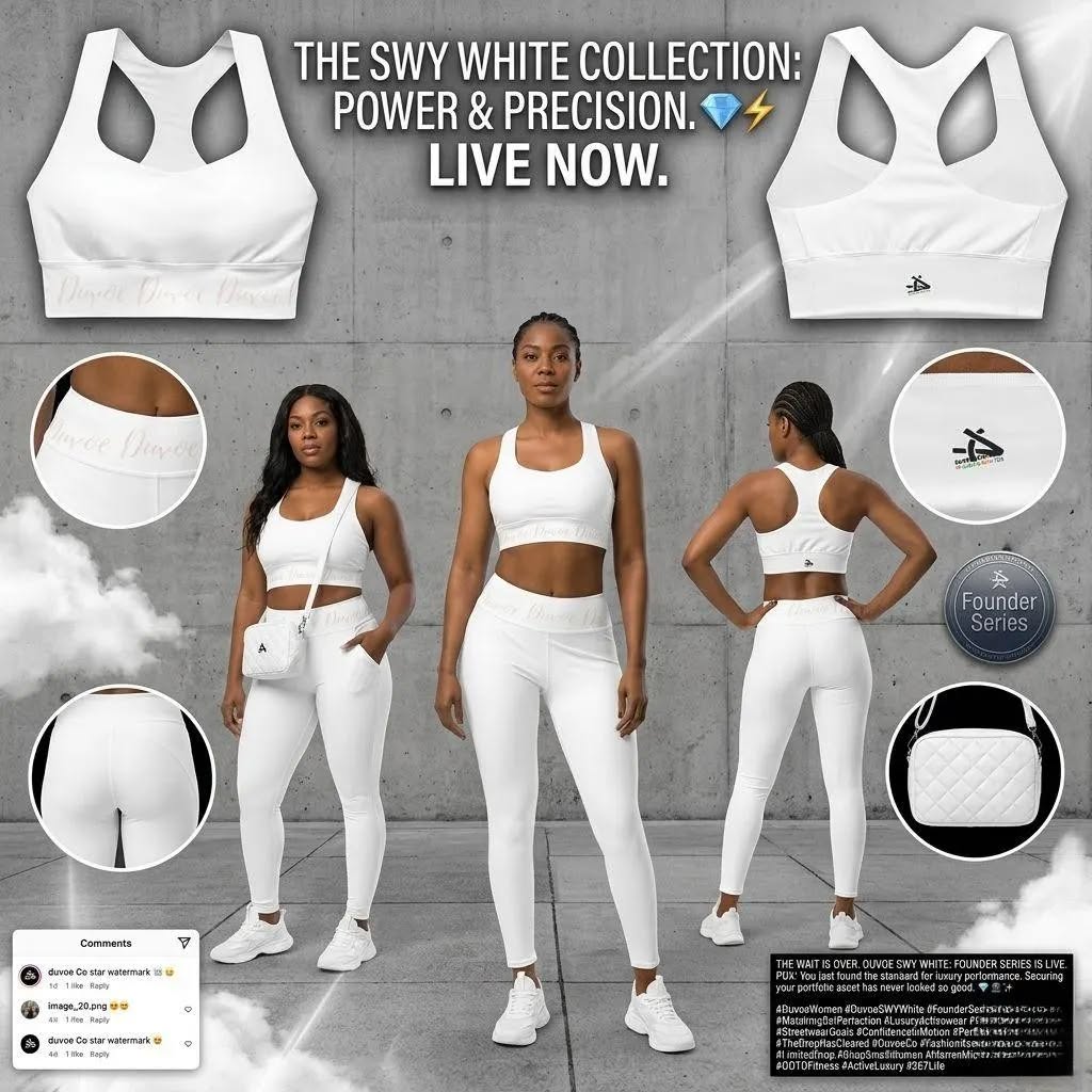 "Experience the power of precision with our SWY White Collection! 🤍✨ Ready to elevate your workout with style and confidence? Live now! #DUVOESWY"
#DUVOESWY #WhiteOut #LuxuryActivewear #FitFashion #PowerAndPrecision #Athleisure #WorkoutStyle #CohesiveLook #FitnessGoals #EmpoweredWomen #DanceInspired #NewCollection #ElevateYourStyle #ActiveLifestyle