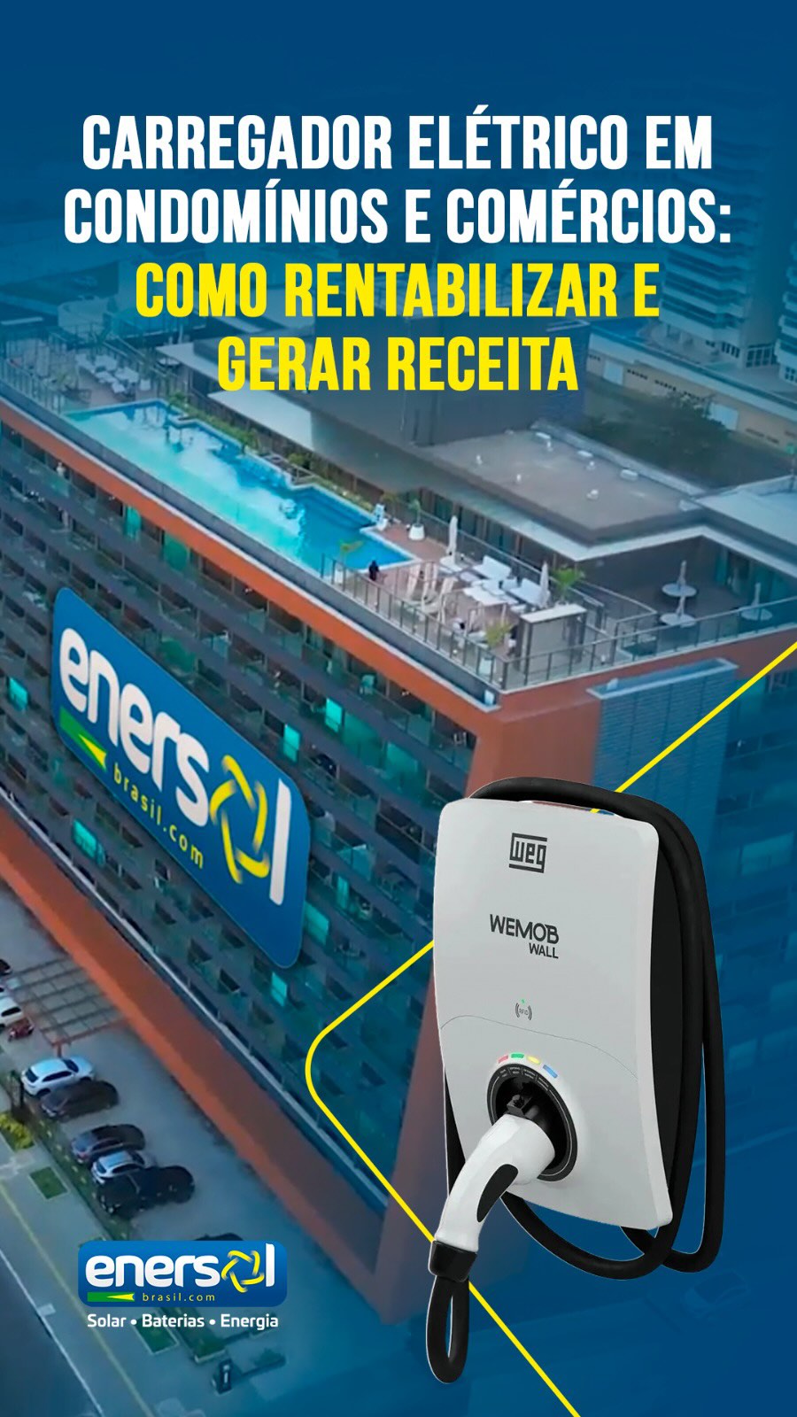 ⚡ Seu condomínio ou comércio ainda não lucra com carros elétricos? 🚗⚡
Acabamos de liberar um vídeo mostrando o case real do Art Studio, um condomínio em Salvador-BA, com 420 unidades que instalou 4 carregadores de 22kW e transformou conveniência em faturamento. 🏢💡💰
✅ O que você vai ver: 👇
• Como o morador carrega o carro via App enquanto vai à academia ou café 📱☕
• A matemática do lucro: Energia a R$ 0,60 vendida a R$ 1,90 📊💸
• Payback em menos de 2 anos (com apenas 2 recargas/carregador/dia) ⏱️📈
• Como evitar prejuízo na conta do condomínio com a gestão correta ⚙️🚫💸
▶️ Assista aqui e veja como valorizar seu imóvel 🏡✨
