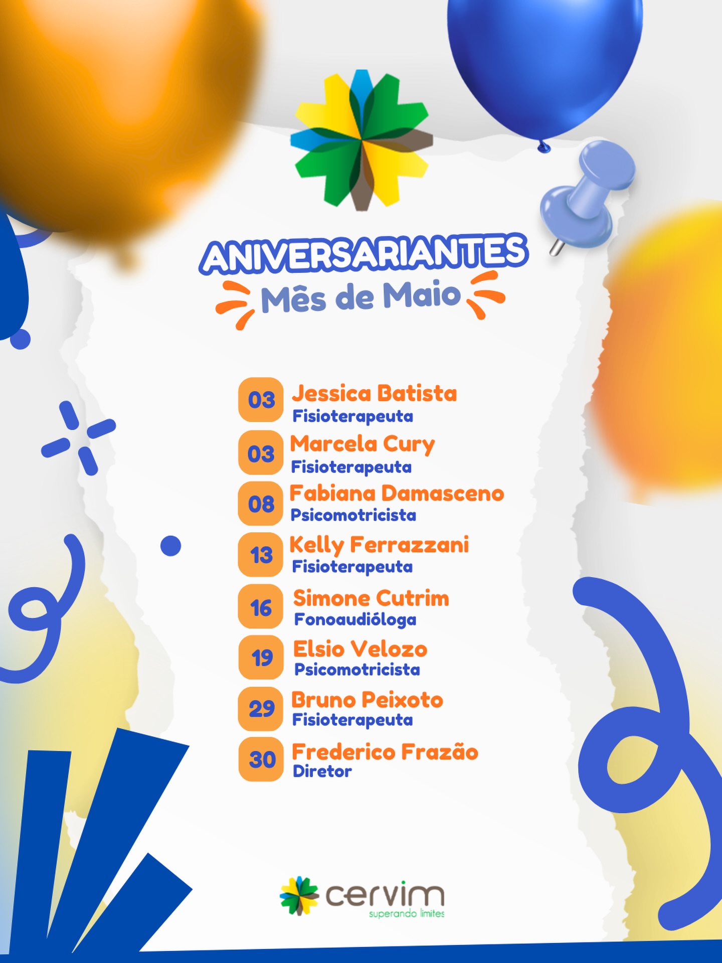 Maio chegou trazendo ainda mais motivos para celebrar 💛
Hoje é dia de reconhecer e agradecer por cada história que caminha com a gente. Nossos aniversariantes do mês são parte essencial do que construímos diariamente no CERVIM: cuidado, dedicação e transformação real na vida de tantas famílias.
Que este novo ciclo seja leve, saudável e cheio de conquistas. Seguimos juntos, com propósito e carinho em cada detalhe!
Feliz aniversário, querida equipe! 🎂✨
#aniversariantesdomes #aniversariocervim #Cervim20Anos