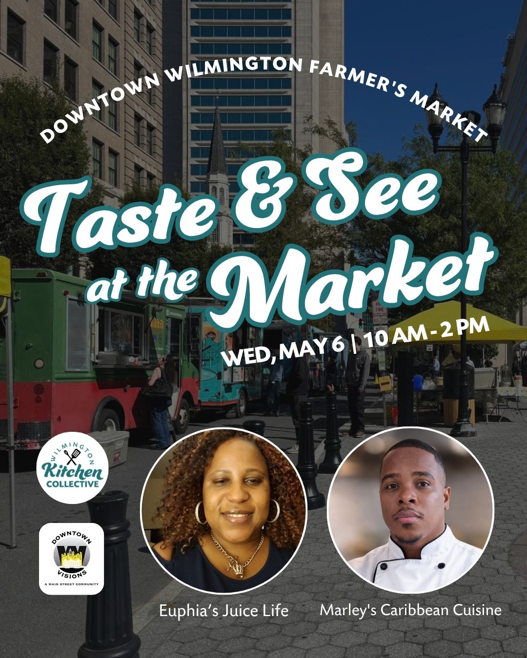 This Wednesday, May 6th is the first Taste & See at the Market of the season! 🙌
Join our entrepreneurs @EuphiasJuiceLife and @Marleys_Caribbean_Cuisine for your lunch (or pick up early for dinner)! We'll be at the @DowntownWilmDE Farmer's Market, located by Rodney Square. See you there!
#FarmersMarket #LunchtimeMarket #TasteAndSee #CulinaryEntrepreneurs