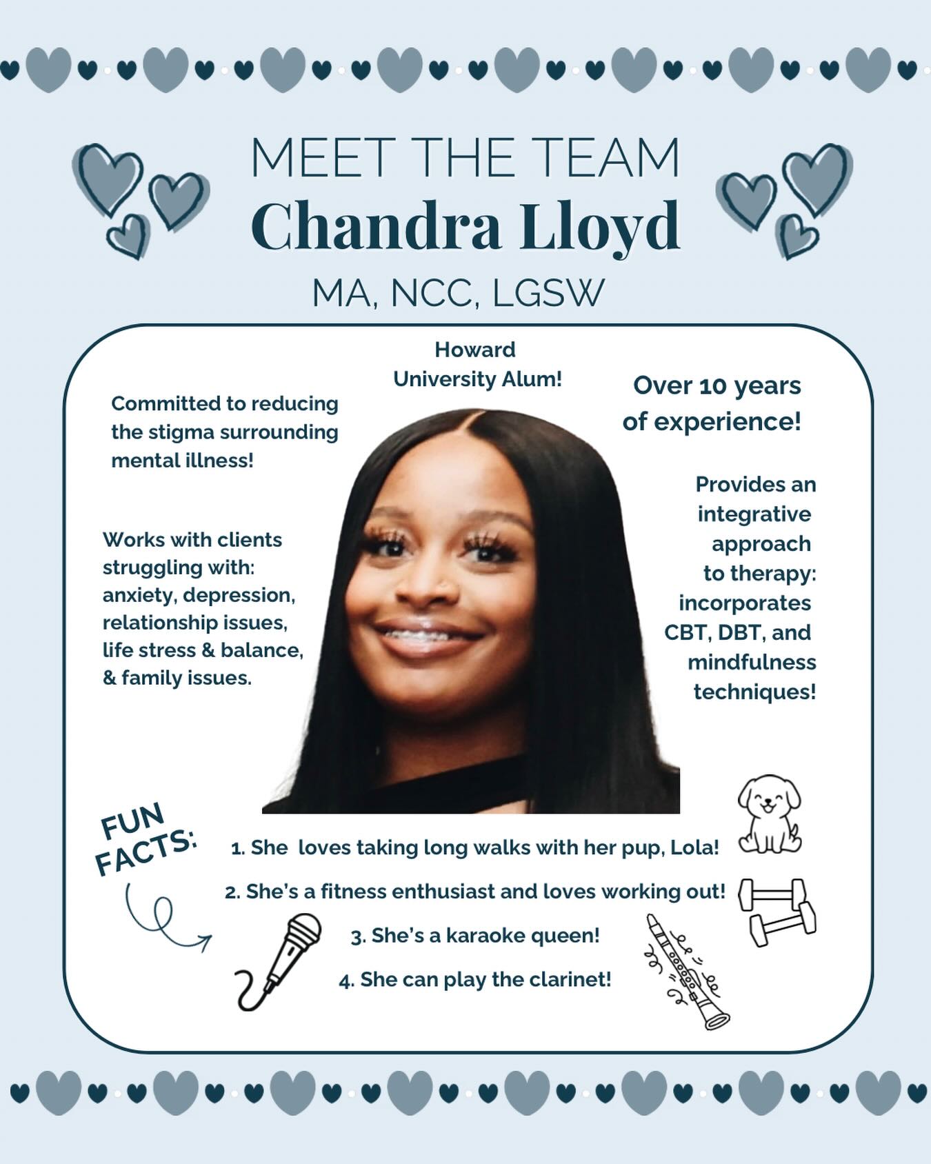 Meet Chandra 🤍
Chandra brings a grounded, thoughtful presence to her work. She helps people feel both supported and challenged in the right ways. She’s especially skilled at helping clients untangle patterns, make sense of where they come from, and build practical tools that actually hold up in real life.
Her approach is both structured and flexible, blending evidence-based techniques with genuine curiosity about each person’s story. Whether someone is navigating anxiety, relationship stress, or the lasting impact of past experiences, Chandra creates a space where growth feels possible!
Outside of the therapy room, you can find her on a long walk with her dog Lola, staying active, playing the clarinet… or confidently taking the mic at karaoke 🎤
If you’re looking for a therapist who will meet you with both compassion and clarity, Chandra may be a great fit.
#MeetTheTherapist #DCTherapist #WashingtonDCtherapist #DMVTherapist #MindAndBodySolutionsDC