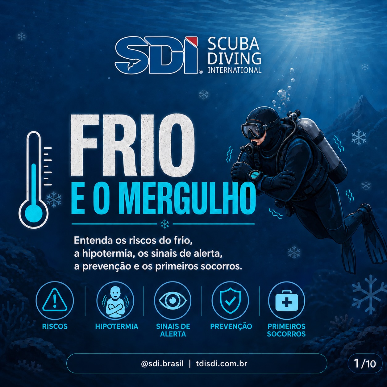 ❄️ Frio e mergulho: você sabe reconhecer os sinais de alerta?
No mergulho, o frio não é apenas desconforto. Ele pode reduzir sua coordenação, sua força, sua capacidade de raciocínio e até dificultar tarefas simples, como nadar, operar equipamentos ou ajudar seu dupla.
A água remove calor do corpo muito mais rápido do que o ar, e a hipotermia pode começar de forma silenciosa: dormência, tremores, perda de sensibilidade nas mãos e pés, dificuldade para movimentos finos e queda de performance são sinais que não devem ser ignorados.
✅ Use proteção térmica adequada
✅ Planeje o mergulho considerando a temperatura da água
✅ Não ignore tremores ou perda de destreza
✅ Se estiver esfriando demais, encerre o mergulho
✅ Aqueça corretamente e procure ajuda quando necessário
Mergulho seguro começa antes de entrar na água. Conhecimento, planejamento e respeito ao ambiente fazem toda a diferença.
🌊 Respeite o frio. Mergulhe com segurança.
@sdibrasil | tdisdi.com.br
#SDIBrasil #ScubaDiving #Mergulho #MergulhoSeguro #DivingSafety MedicinaDoMergulho Hipotermia MergulhoNoFrio ScubaDiver OneDiveFamily
: