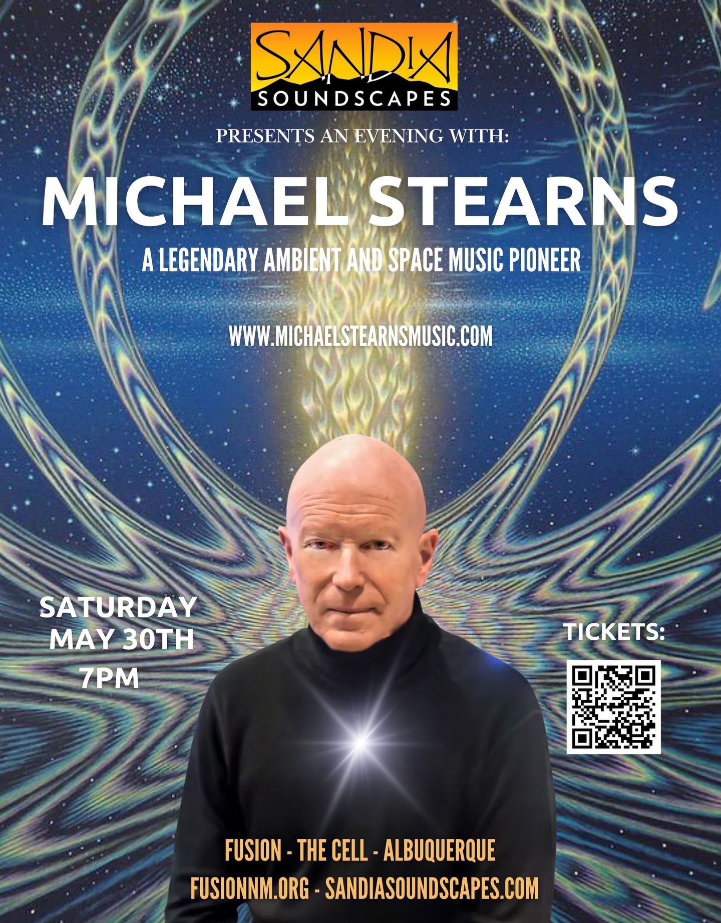 Sandia Soundscapes presents:
An Evening with Michael Stearns
Saturday, May 30th, 7 pm
FUSION | The Cell
700 1st St NW, Downtown ABQ
Sandia Soundscapes is bringing Michael Stearns to FUSION | The Cell on Saturday, May 30, at 7 PM (doors at 6:30 PM), for an evening of music for the mind.
Sandia Soundscapes is a new series of electronic and electro-acoustic music concerts that will escort your imagination on colorful sonic journeys. It will appeal to lovers of ambient, cinematic, downtempo, and other creative, chilled-out non-mainstream styles; fans of jazz, classical, world, and other adventurous music will also find a home at our events.
Their second show features ambient and cinematic music legend Michael Stearns, presented in quadraphonic sound. His credits include eighteen solo albums, as well as music and soundtrack production for television, documentaries, feature films, and special venues. He is particularly known for composing the music to Ron Fricke’s 70mm non-verbal films Chronos, Sacred Site, Baraka, and Samsara. His live performances feature synthesizers, guitar, and percussion, as well as his own field recordings.
One of Sandia Sandscapes’ goals is to weave a closer connection between the audience, artists, and their music. Sandia Soundcapes’ co-founder Chris Meyer will lead a discussion with Michael about his work, history, and approach to creating his uniquely lush, immersive music.
www.michaelstearnsmusic.com
www.sandiasoundscapes.com
Background image: @amalfituco
#ambientmusic #ambientmusician #spaceambient #livemusic #concert