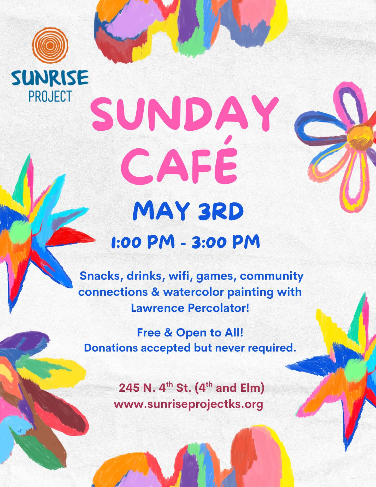Join us for snacks, drinks, community connection and watercolors! @lawrencepercolator joins us with art supplies and projects today! 1-3 pm. Free and open to all ❣️