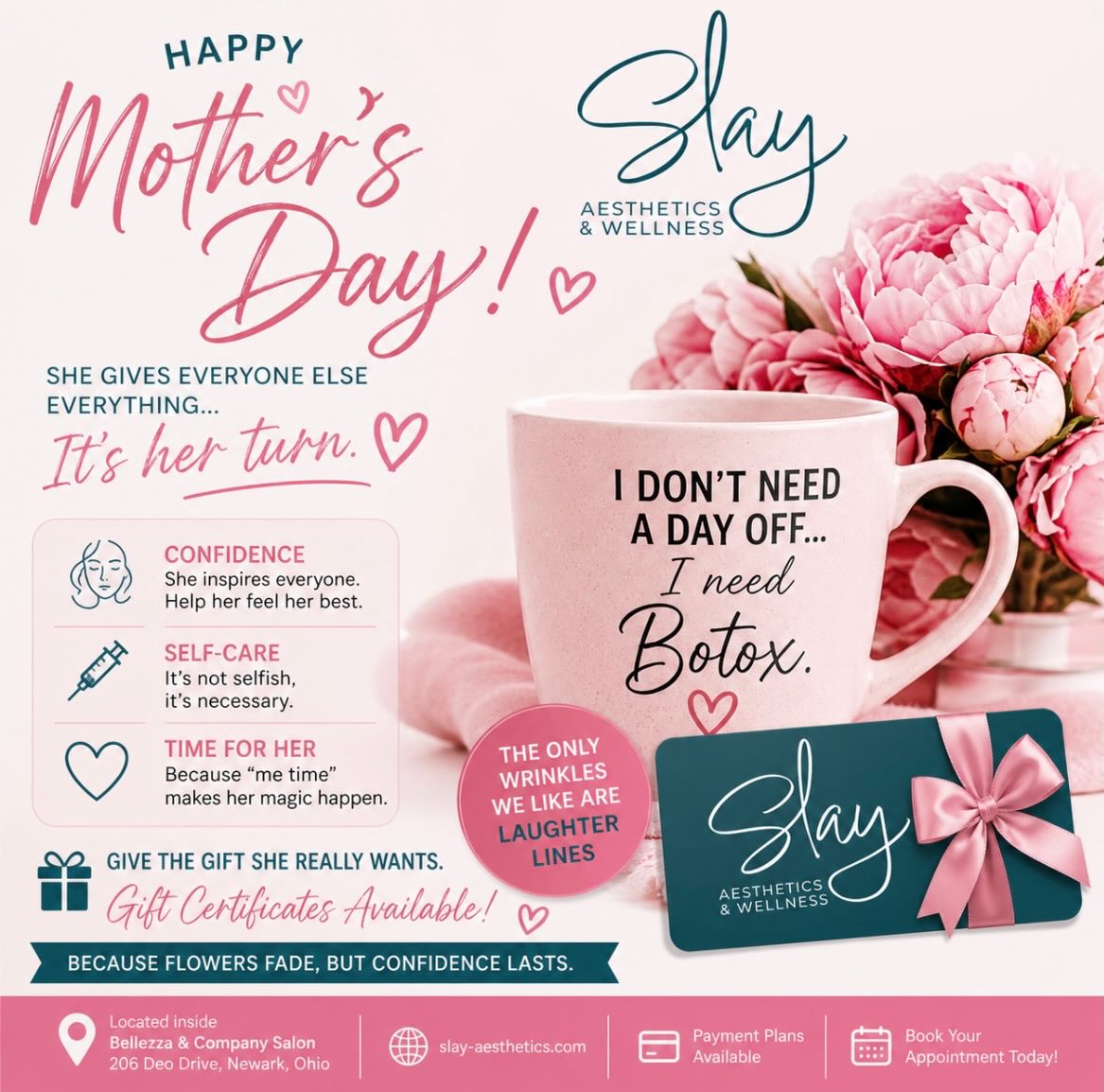 🌸 Mother’s Day Idea: Give Mom What She Actually Wants 🌸
Flowers die.
Candles melt.
But smooth skin, fresh lips & confidence?
That hits different. 💅✨
This year skip the guesswork…
Because Mom doesn’t want another mug—
She wants to look like she got 8 hours of sleep (even if she didn’t 😅)
💉 Botox
💋 Lip Filler
✨ Microneedling
🌿 Weight Management + Hormone Support
🎁 Slay Aesthetics Gift Certificates Available
Because the best gift?
Feeling like HER again.
📍 Located inside Bellezza & Company Salon
206 Deo Drive, Newark, Ohio
💻 https://www.slay-aesthetics.com/
💳 https://www.slay-aesthetics.com/payment-plans
📅 https://slay-aesthetics.janeapp.com/#/aesthetic-treatments