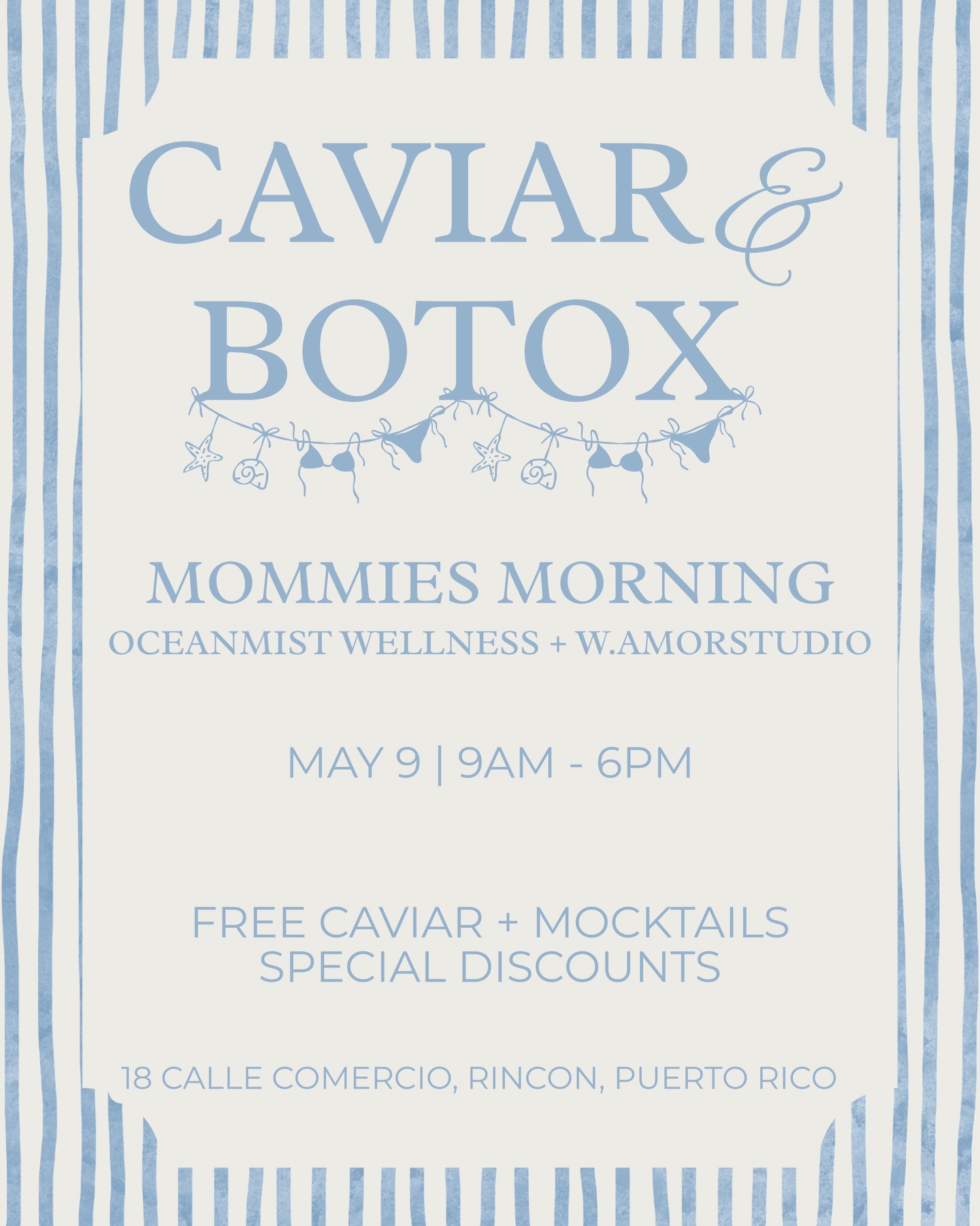 Caviar & Botox Vol. 2 - Just for You
Oceanmist Wellness x W.AmorStudio invite you to step into a moment designed with you in mind.
Join us for a refined Mommies Morning where beauty meets ease, and self-care feels effortless, whether you come for an hour or stay all day.
May 9
9:00 AM – 6:00 PM
Oceanmist Wellness · Rincón, PR
A thoughtfully curated experience featuring:
• Botox treatments tailored to you
• Complimentary caviar + mocktails
• Exclusive event-only pricing
• A soft, elevated space to unwind and indulge
Come for a touch-up, stay for the moment.
Because taking care of yourself should feel just as good as it looks.
Limited availability. Reserve your spot — link in bio.