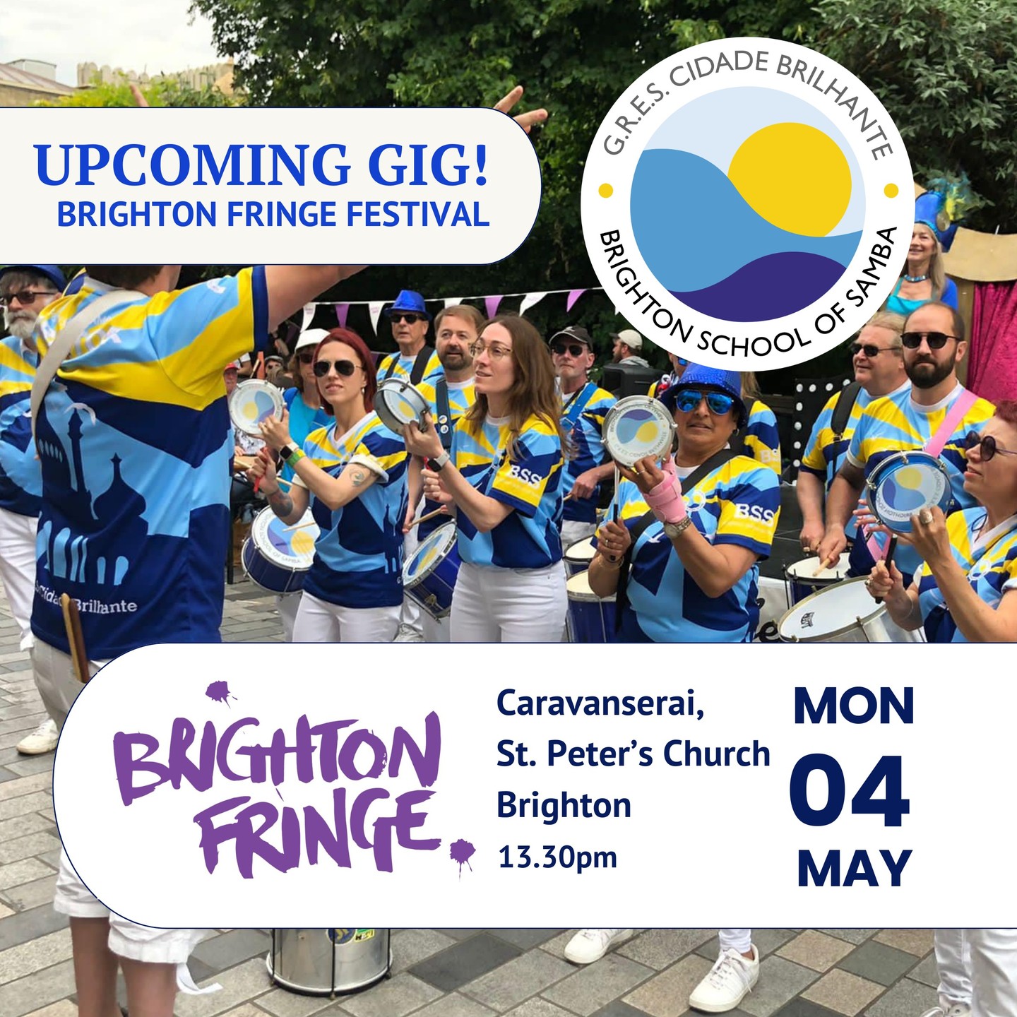 Bank Holiday plans? Sorted!🥁We’re playing Brighton Fringe on Monday 4th May at the Caravanserai area just north of St. Peter's Church, 13.30pm. Expect big rhythms, dancing, and the kind of energy where you accidentally stay for longer than planned.... Hope to see you there!
#BrightonFringe #BrightonFringe2026 #BrightonEvents #WhatsOnBrighton #LiveMusicBrighton #SambaEnredo #BateriaLife #SambaNoPe #FestivalVibes #FestivalEnergy #sambadrumming