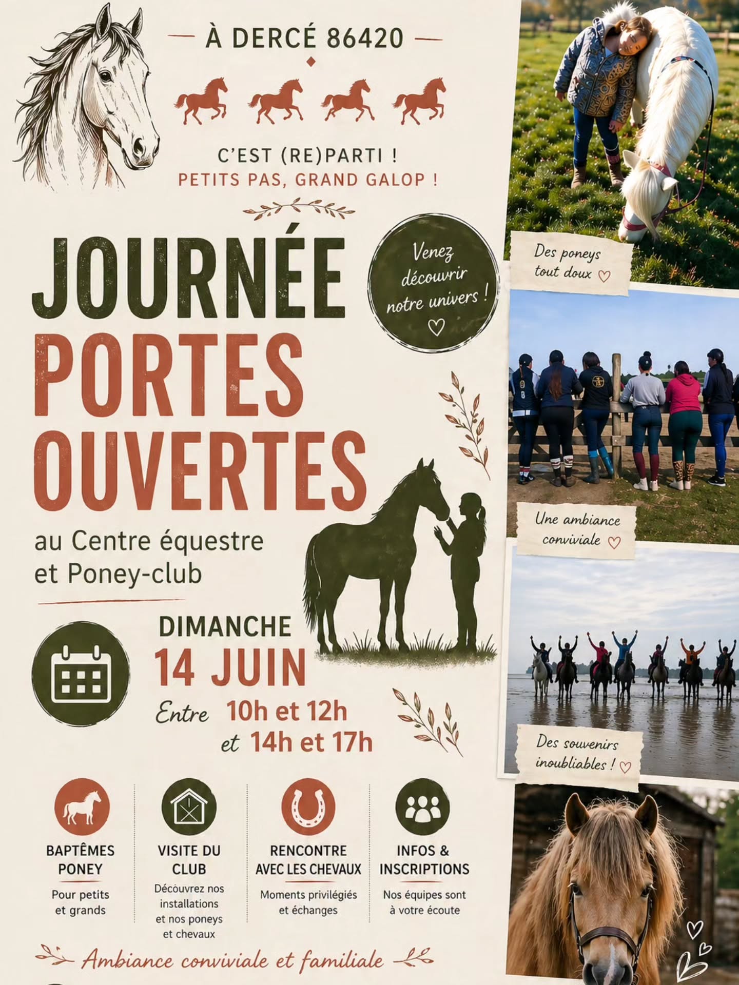💥 DIMANCHE 14 JUIN 💥
Un moment important pour prévoir DÉJÀ la rentrée septembre... 🐎
Planning...
Inscriptions....
Découverte...
À PARTIR DE 12 mois pour les Baby poney...
À PARTIR DE 5 ans pour les cours débutants
🎁🎁. PAS DE COTISATION ANNUELLE ici...
C'est votre cadeau d'arrivée 🎁🎁🎁🎁🎁
Des tarifs défiant toute concurrence 🤪🤪🤪
Et une qualité d'enseignement tous niveaux dans une structure familiale... Avec :
GRAND (méga grand 😜) MANÈGE COUVERT
CARRIÈRE EXTÉRIEUR
Accès Balades
Et surtout
DES ACTIVITÉS à go go...
Des projets.... Des aventures..
Du perfectionnement...
Et BEAUCOUP DE CONFIANCE EN SOI 🙏❤️
LES CRINS DE DERCE poney club
Activités Centre équestre Les CRINS De Dercé