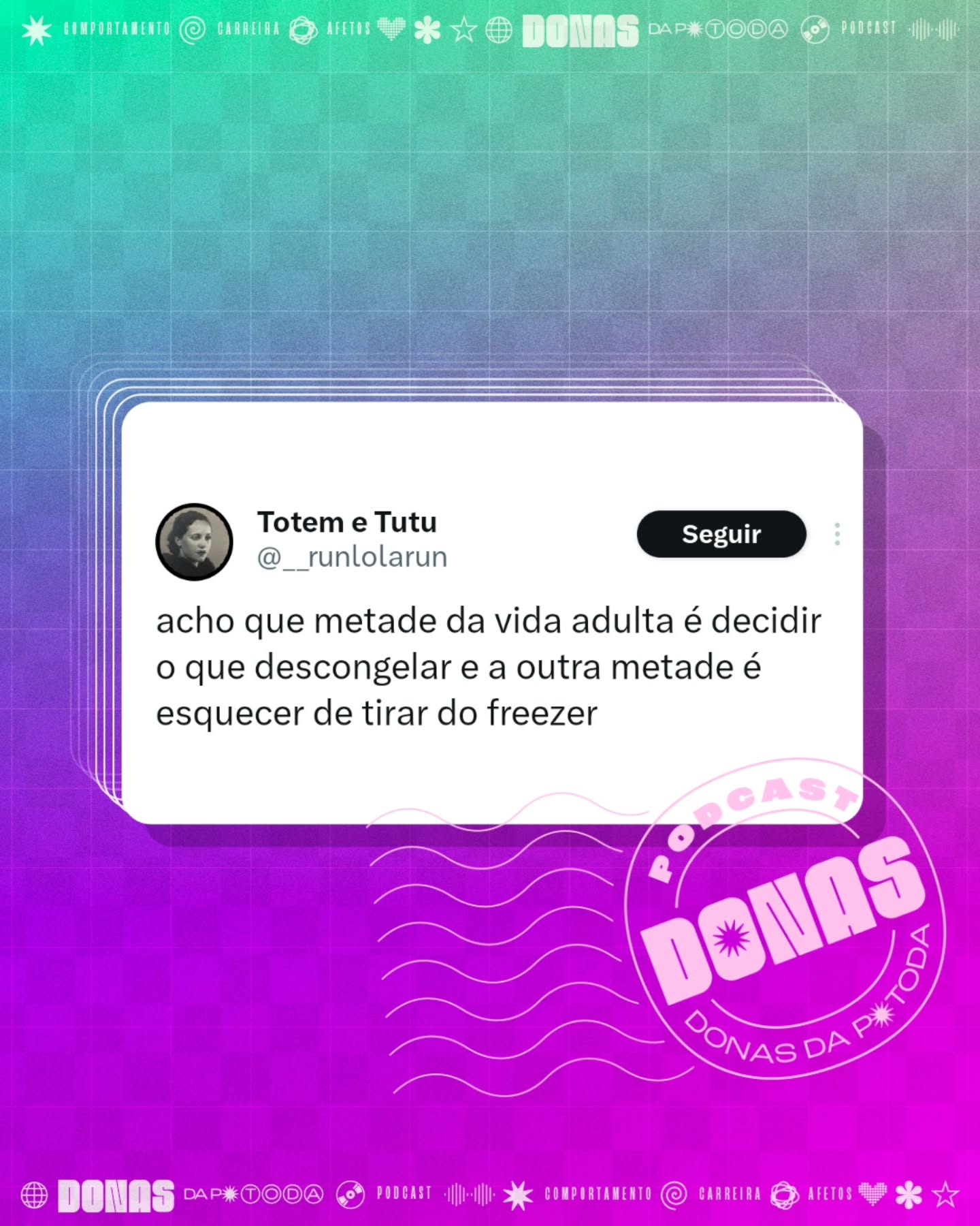 Segunda-feira, 4 de maio de 2026. Prontas para mais uma semana e mais uma curadoria de tweets?
Nesta terça tem episódio novo no ar. Aproveita para seguir o Donas e avaliar com 5 estrelas no Spotify e na Apple Podcasts.
Contribua com a nossa campanha de financiamento coletivo em apoia.se/donasdaptoda e receba conteúdos exclusivos, brindes e muito mais
#donasdaptoda #podcasts #mulherespodcasters