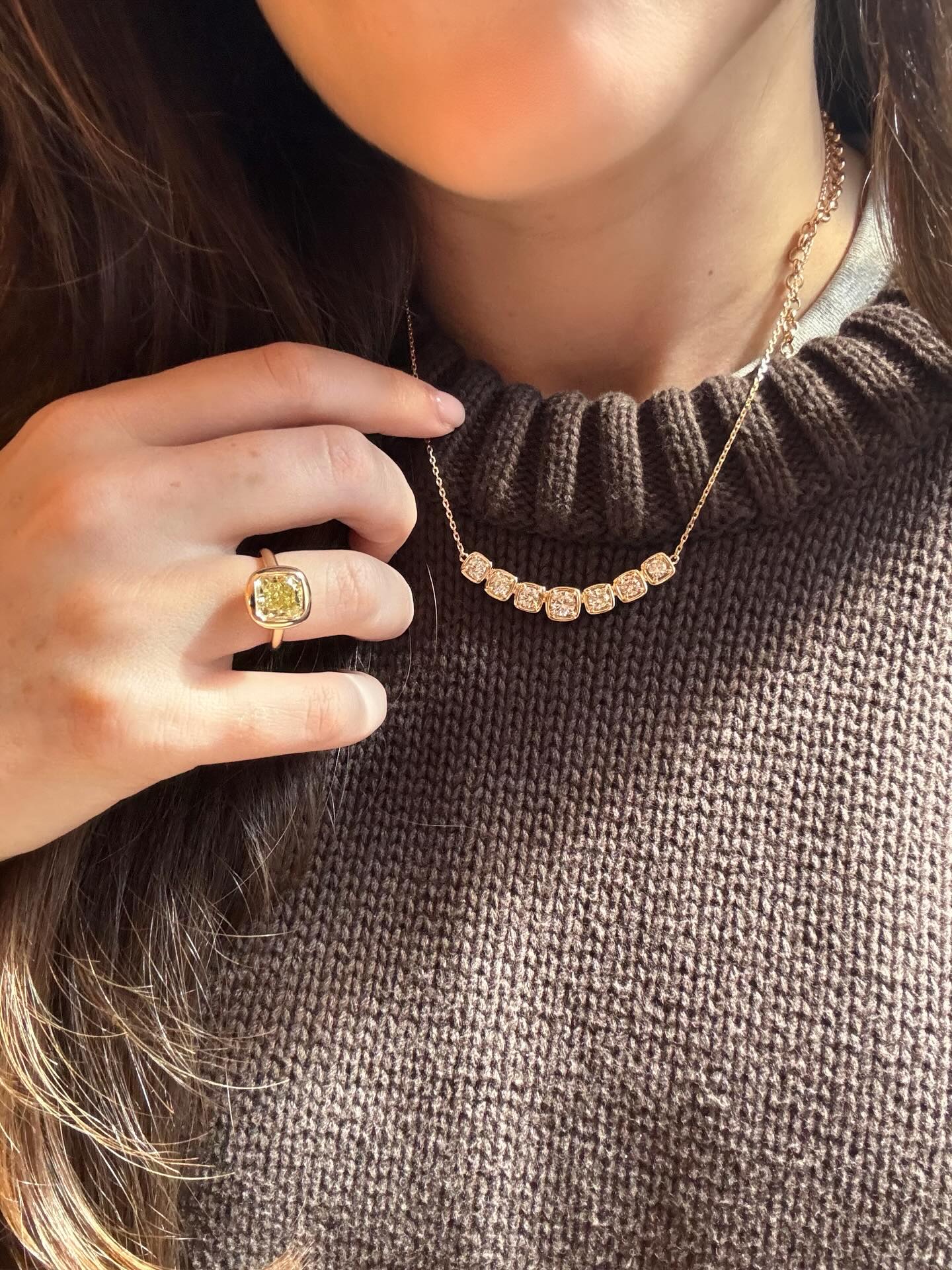 Cushion settings on round diamonds is a favourite around here…this client had round diamonds in some old pieces she wasn’t wearing so we built her a custom diamond row necklace, refreshing the way her round diamonds looked by doing something a bit unexpected by way of the setting.