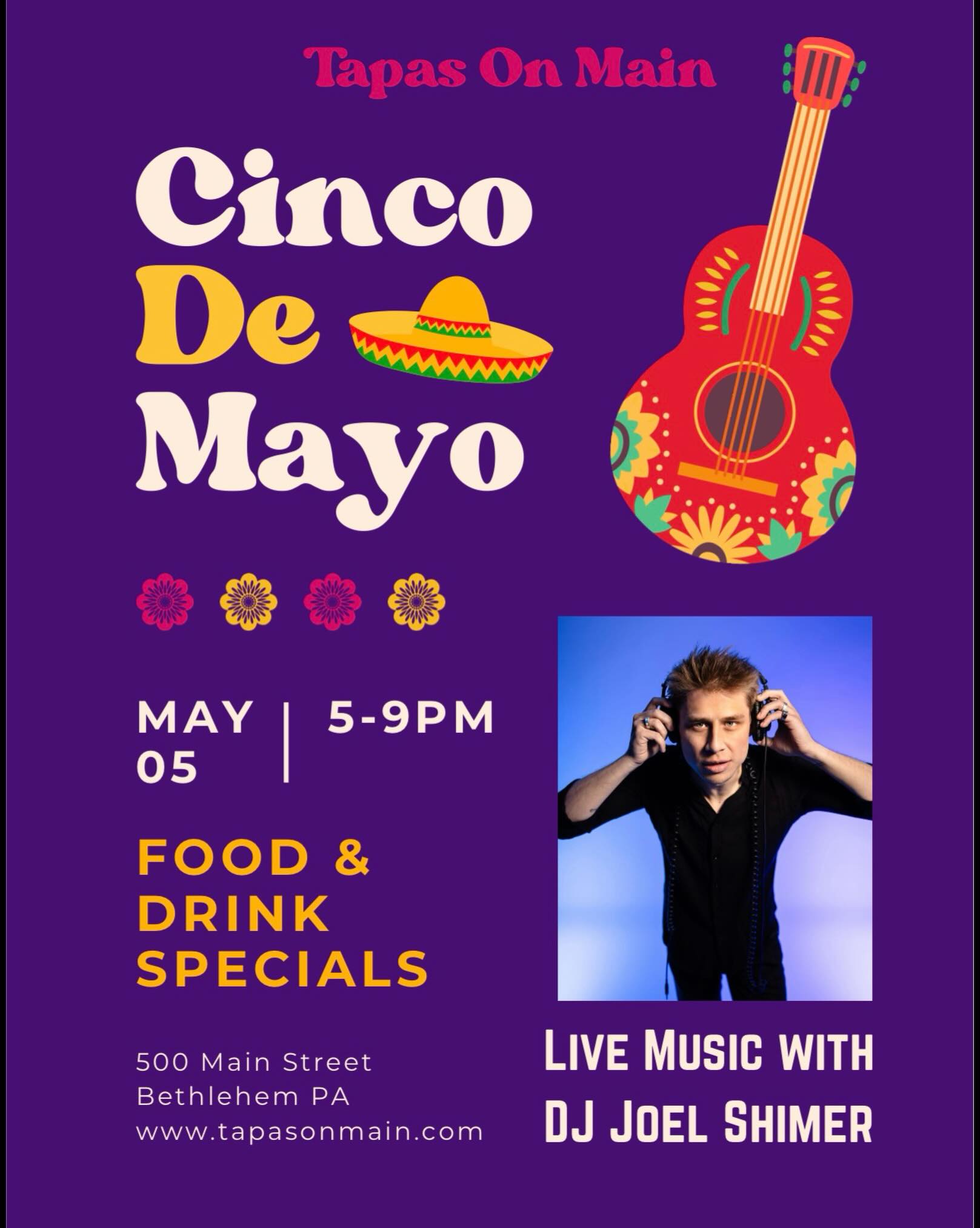 Celebrate #cincodemayo with us! 🇲🇽 DJ Joel Shimer starts at 5pm. Food & drink specials #mexicanspecials #visithistoricbethlehem #mainstreetbethlehem