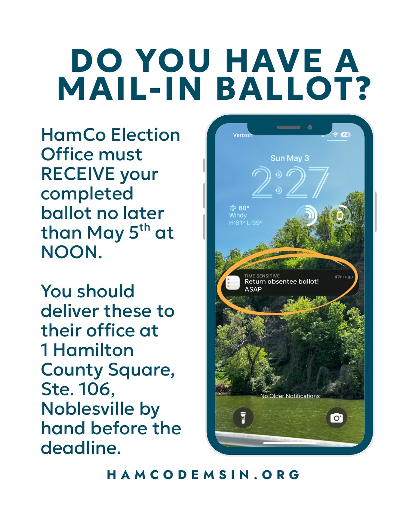 The HamCo Election Office is located in the Hamilton County Courthouse at 1 Hamilton County Square in downtown Noblesville in Suite 106. They must receive your mail-in ballot BY NOON on this Tuesday, May 5th.