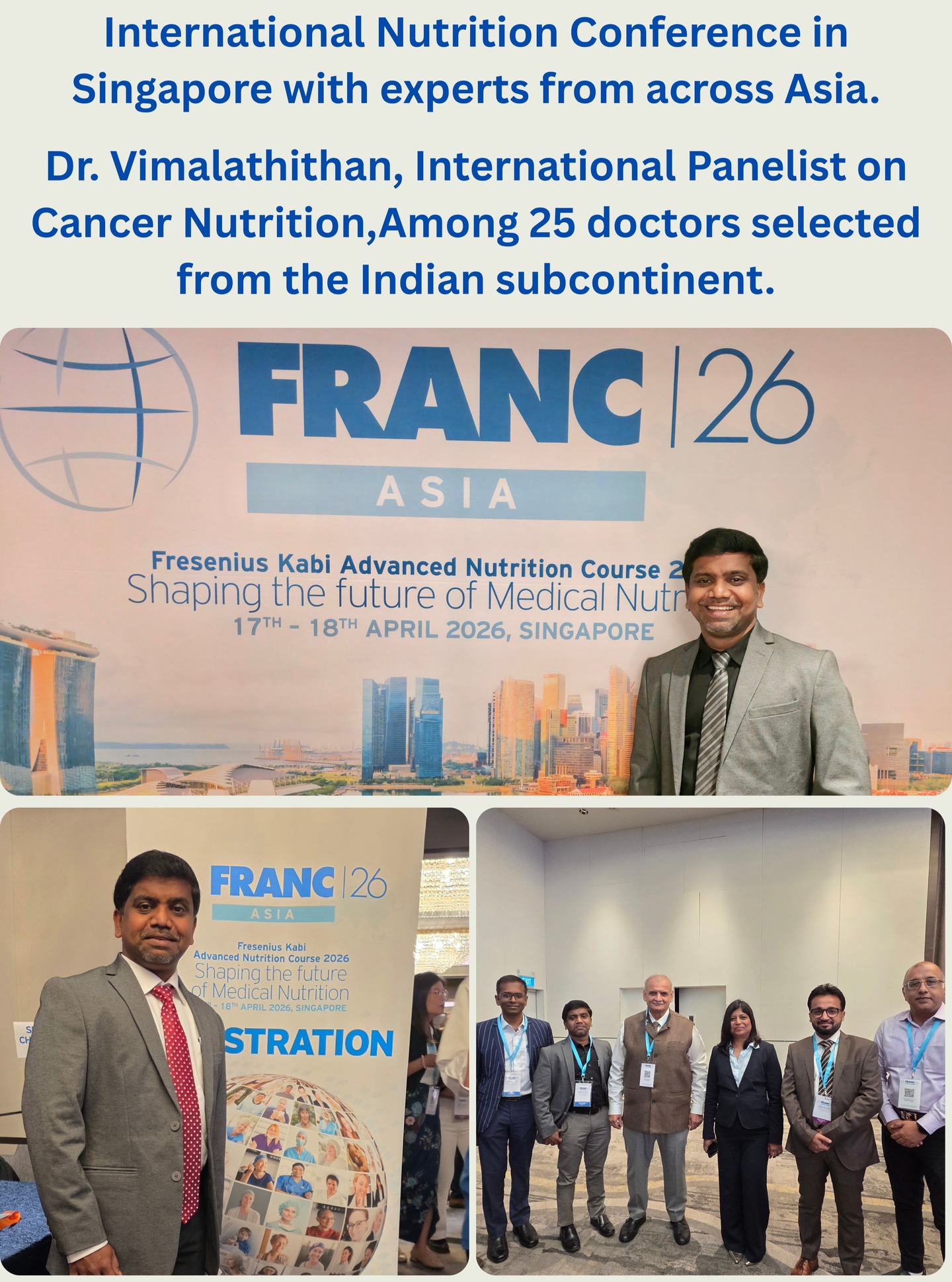 Honored to represent at the International Nutrition Conference, Singapore 🌏
Dr. Vimalathithan, International Panelist on Cancer Nutrition, proudly among 25 doctors selected from the Indian subcontinent.
A step forward in shaping the future of cancer nutrition across Asia.