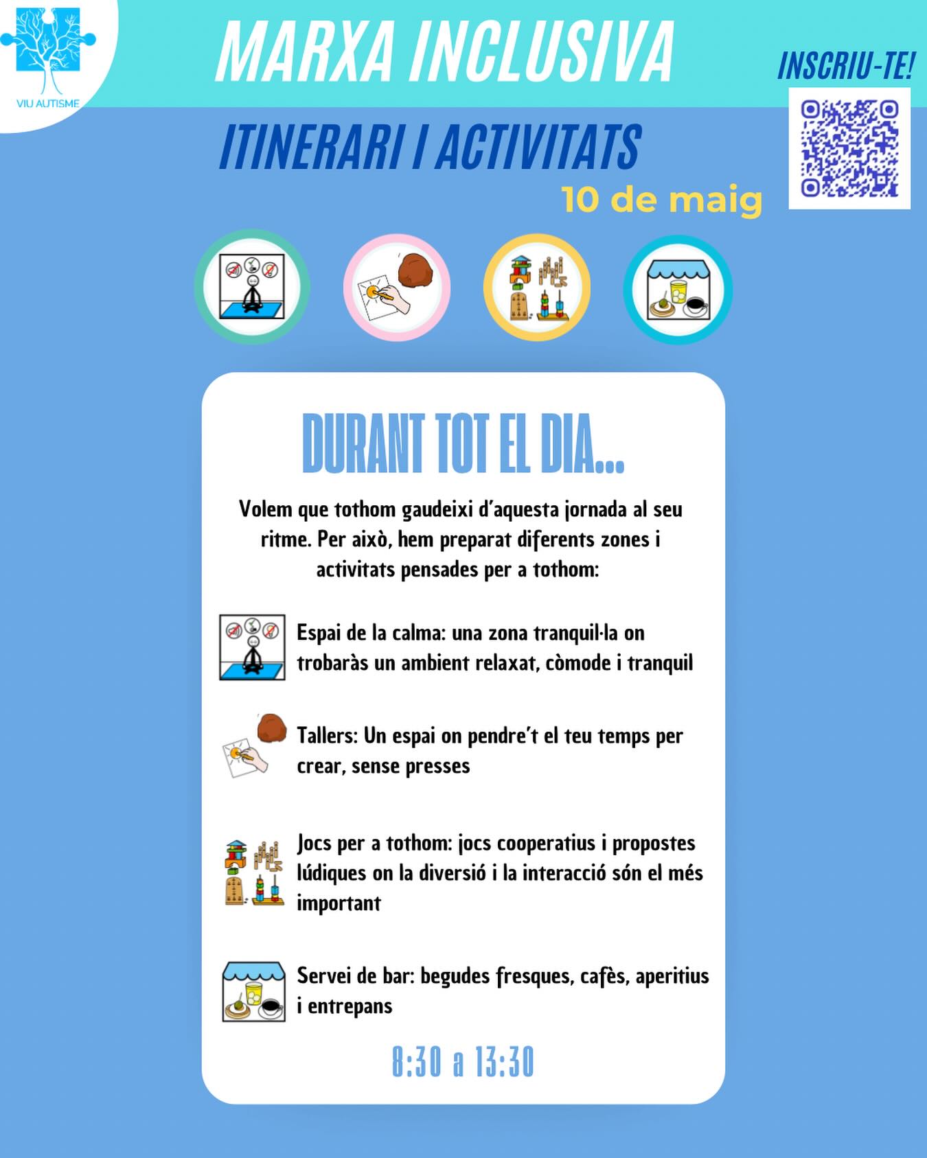 Per finalitzar l'itinerari d'activitats de la Marxa Inclusiva, durant TOTA la jornada, disposareu d'aquests serveis i activitats...💙
• Espai de la calma, zona tranquil•la dins del centre cívic on disposareu de diferents materials per l'autoregulació
• Taller de fang i de pintar una rajola deixant volar l'imaginació
• Jocs per a tothom
• Servei de bar
🗓️ 10 de Maig
🕤 8:30 - 13:30
📍 Plaça Poeta Sitjà, Platja d'Aro
Un matí per caminar junts, sumar i fer visible la diversitat
@micoaventura
@mooma @laflecapansdelemporda @barraquesxtots @dsport.crono @calidoscopi_jocs
@tritonsvalldaro @grupmifas
@ccbaixemporda @joguines_grapat @bdegustbeer
@ppsparkoficial @santtomasobrador
@meradeprimera @marisch_cotcho
@visitplatjadaro @fempobleambtu
@natalina_angy @femesportscpa @associacio_ermessenda_sca @cesadenclinic @rocodrom_9c @cavallfortedicions @nutdestileria @enrollate_bk @esclatbonpreu_ @spar.espanola