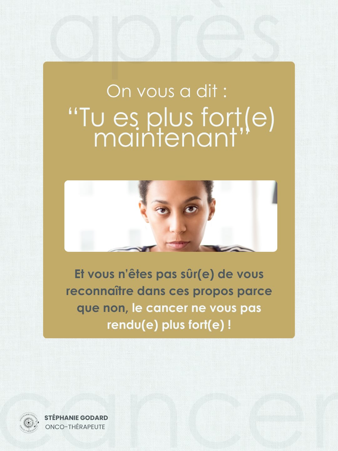 💬 « Le cancer rend plus fort »
❌Non. Cette phrase rassure surtout… ceux qui ne savent pas quoi dire.
Parce que dans la réalité, ce que je vois en séance est tout autre. Je vois des personnes qui :
🔹ont tenu pendant les traitements… puis s’effondrent après ;
🔹ne reconnaissent plus leur corps ;
🔹vivent avec une fatigue qui ne passe pas ;
🔹anticipent le pire au moindre signal ;
🔹se sentent en décalage avec leur entourage ;
🔹n’arrivent pas à se reconnaître dans cette idée de “force”
👉 Le cancer ne rend pas plus fort.
Il expose.
Il fragilise.
Il transforme.
Et surtout, il laisse souvent un après dont personne ne parle vraiment. Un après où il n’y a plus de cadre médical. Mais où tout est encore là, à l’intérieur.
☑️ Alors non, vous n’êtes pas “plus fort”.
Et ne pas vous reconnaître dans cette injonction ne veut pas dire que vous régressez.
👉 Ça veut dire que vous êtes au contact du réel.
🧰Et maintenant ?
Plutôt que d’essayer de correspondre à ce que l’on attend de vous, je vous propose un point de départ simple :
➡️ Je vous ai laissé un outil en fin de carrousel pour revenir à votre état réel, sans vous juger, sans vous adapter. Un outil court, mais essentiel.
On vous a déjà dit que le cancer vous avait rendu plus fort… alors que vous ressentiez l’inverse ?
#postcancerlife #remission #aprescancer #cancer #oncocoaching