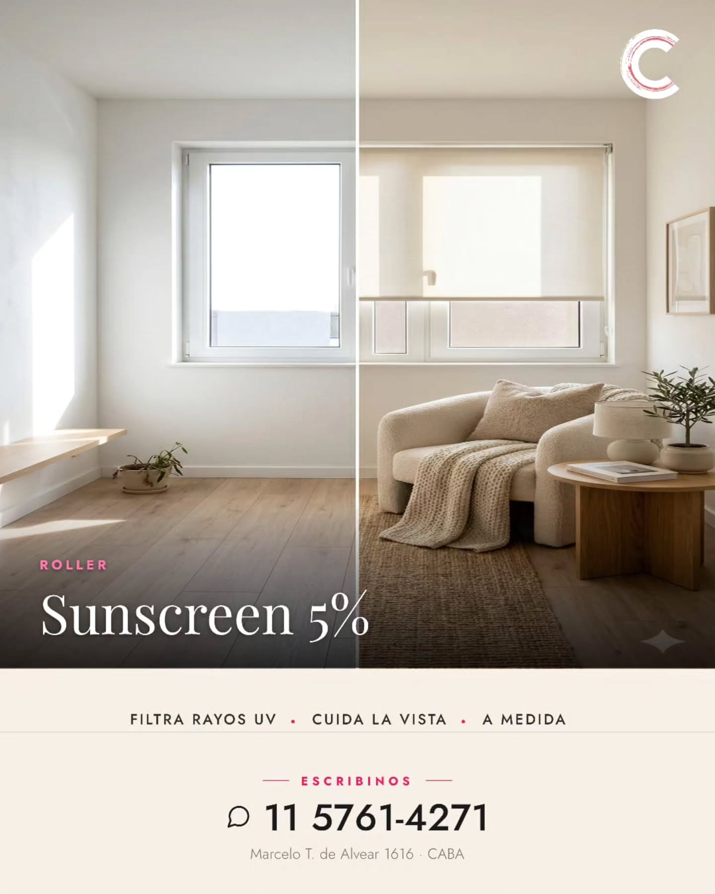 El roller que mas pedimos del año.
El sunscreen 5% es la elección perfecta para livings y ambientes de trabajo: filtra los rayos UV, baja la temperatura del ambiente y te deja seguir disfrutando la vista al exterior.
Lo confeccionamos a medida, con el accionamiento que prefieras (cadena, motor o resorte). La instalación esta incluida.
📲 Pedi tu presupuesto: 11 5761-4271
📍 Marcelo T. de Alvear 1616 — CABA
.
.
.
#roller #sunscreen #cortinasroller #cortinasamedida #livingdecoracioninterior
