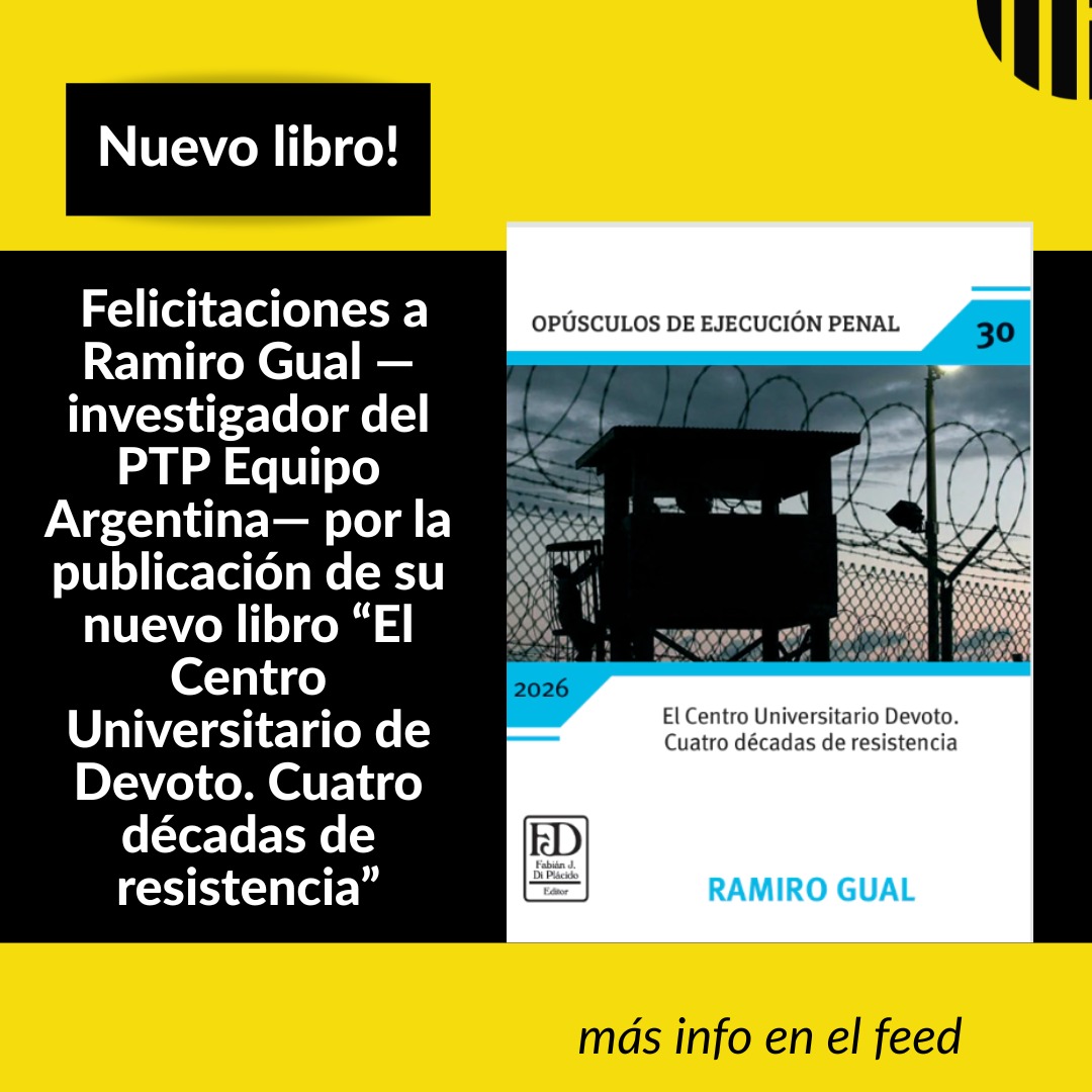 Nuevo libro en camino 📚
Ramiro Gual publicó su nuevo libro y no queríamos dejar de compartirlo.
A lo largo de cuatro décadas, el Centro Universitario de Devoto se fue consolidando como un espacio único dentro del sistema penitenciario: un lugar donde la formación académica, la organización colectiva y la persistencia desafían los efectos del encierro.
El libro reconstruye ese recorrido y ayuda a comprender el alcance real de la universidad en la cárcel.
¡Lo felicitamos y esperamos leerlo pronto!
_____________
New book on the way 📚
Ramiro Gual has published his new book and we didn’t want to miss the chance to share it.
Over four decades, the Devoto University Center has become a unique space within the prison system: a place where academic training, collective organization, and persistence challenge the effects of confinement.
The book retraces this journey and helps us understand the real scope of the university in prison.
Congratulations — we’re looking forward to reading it.
_______________________
Nouveau livre en chemin 📚
Ramiro Gual a publié son nouveau livre et nous ne voulions pas manquer de le partager.
Au fil de quatre décennies, le Centre Universitaire de Devoto s’est imposé comme un espace unique au sein du système pénitentiaire : un lieu où la formation académique, l’organisation collective et la persévérance défient les effets de l’enfermement.
Le livre retrace ce parcours et permet de comprendre la portée réelle de l’université en prison.
Félicitations — nous avons hâte de le lire.